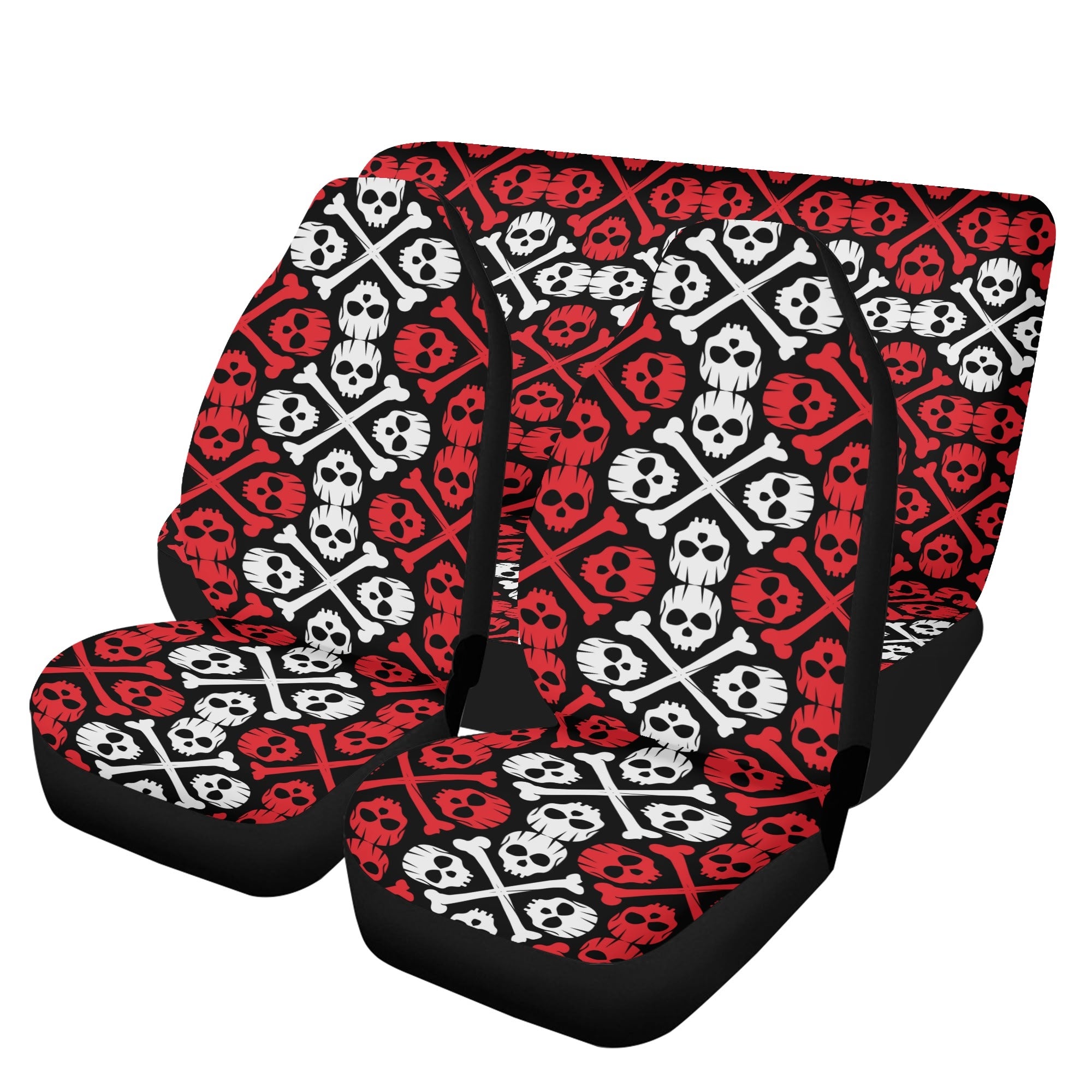 Set of car seat covers with skull and crossbones pattern on a white background