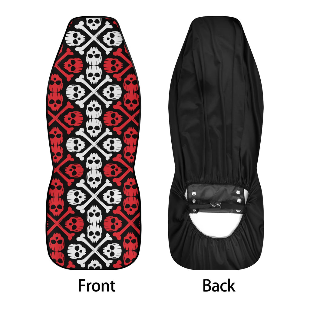 car seat cover with skull and crossbones pattern on front, black on back