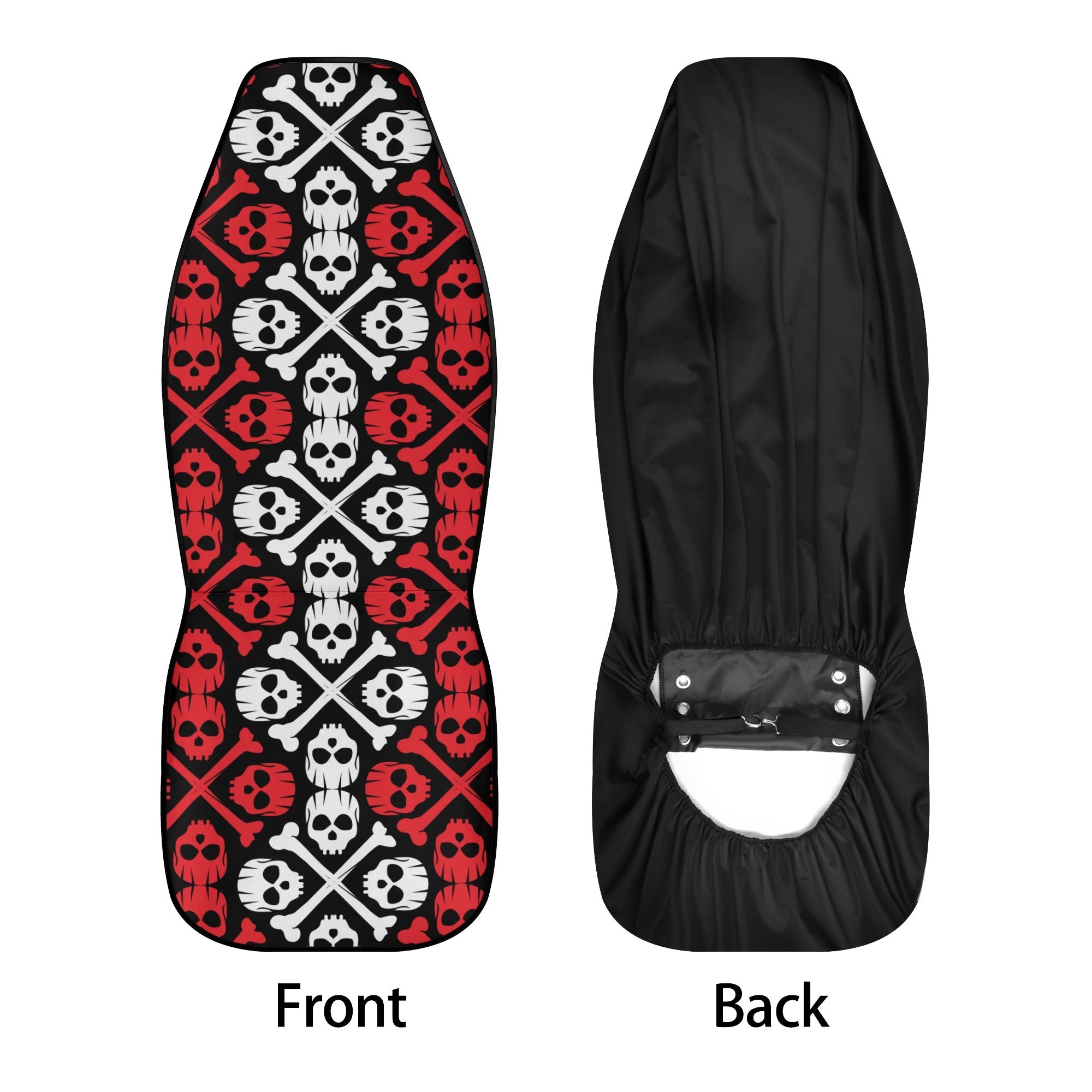 car seat cover with skull and crossbones pattern on front, black on back