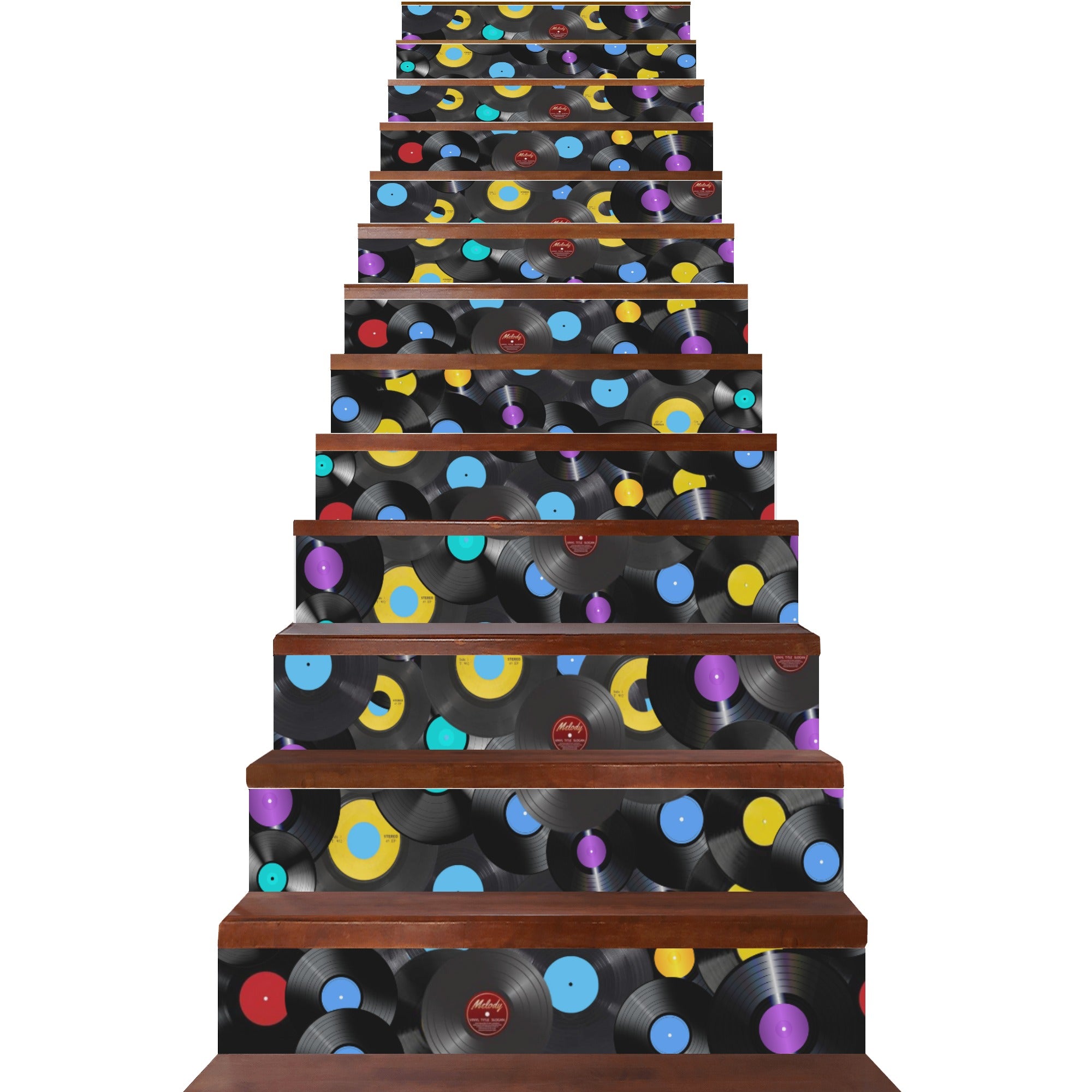 Staircase with vinyl record design steps on a white background