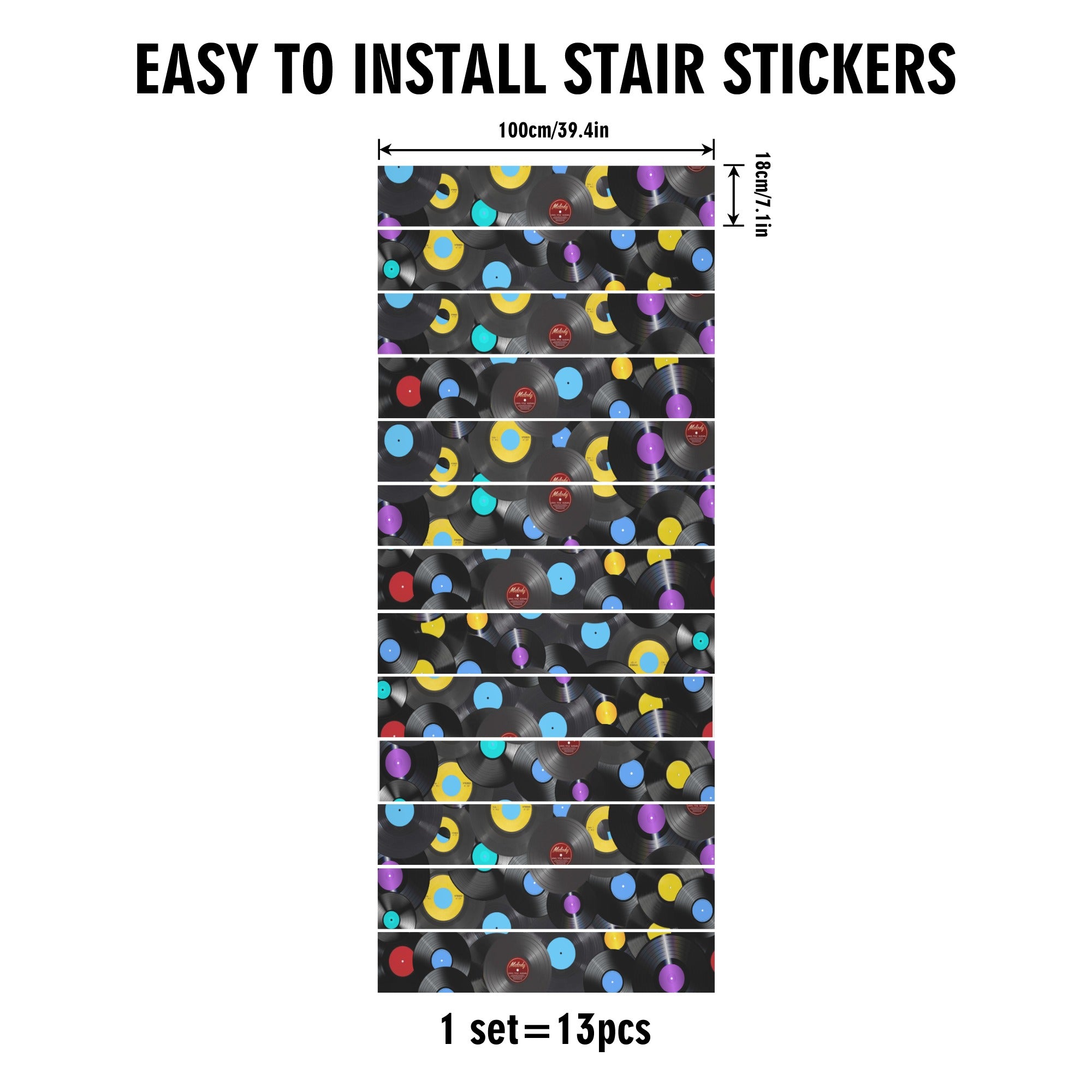 Set of colorful stair stickers with measurement details on a white background