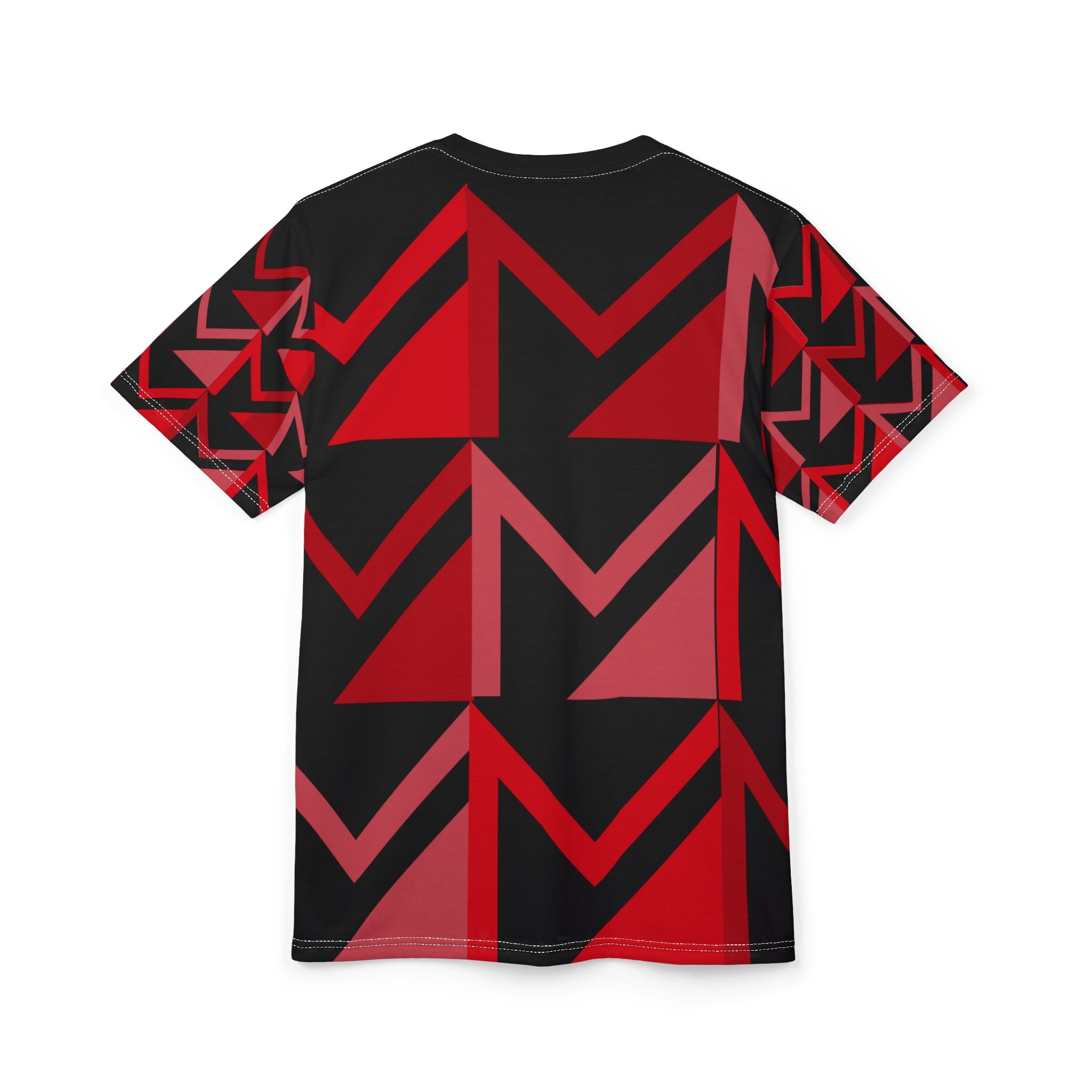 Black t-shirt with red geometric pattern on a white background