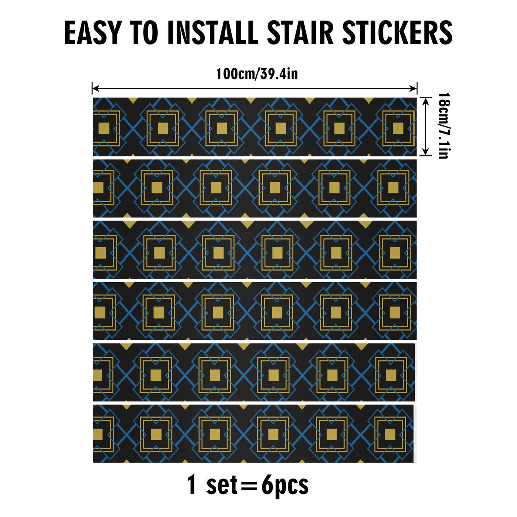 Stair stickers with geometric pattern and dimensions on a white background
