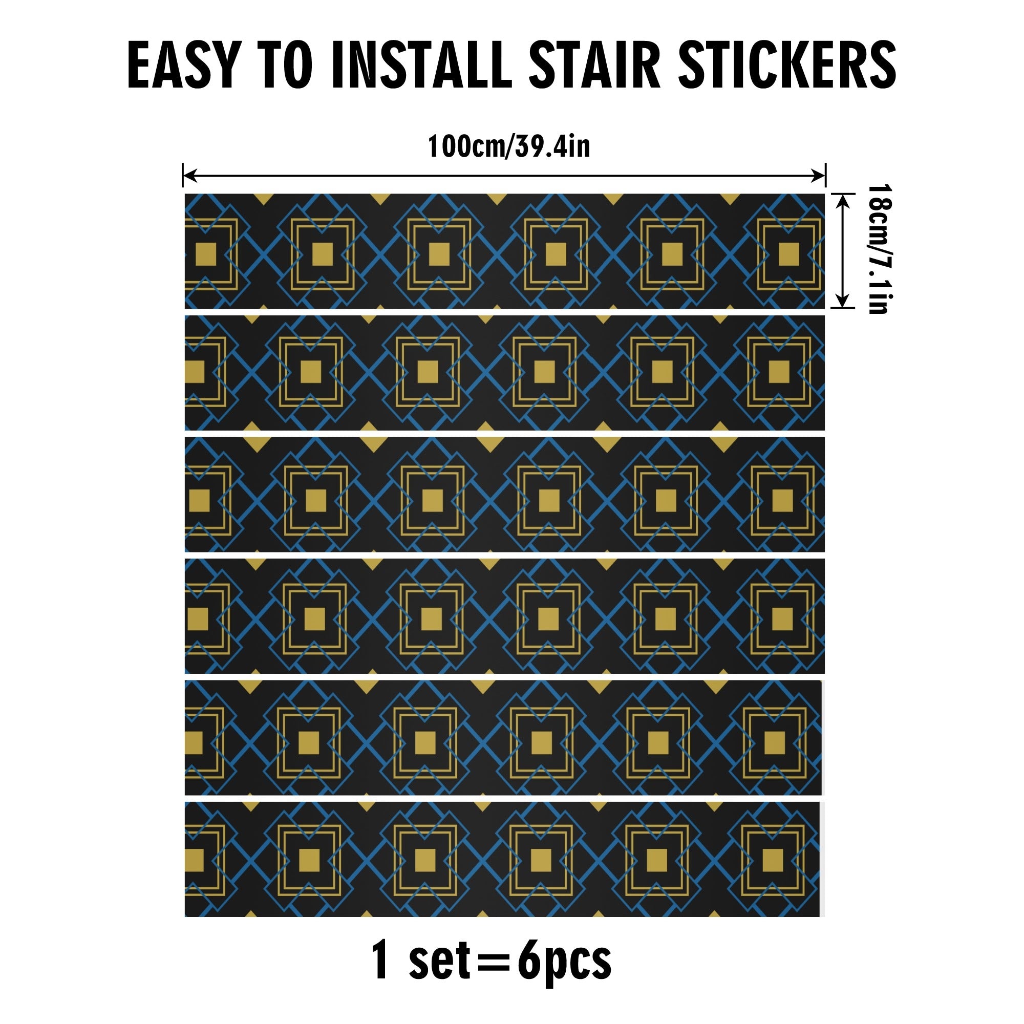 Stair stickers with geometric pattern and dimensions on a white background
