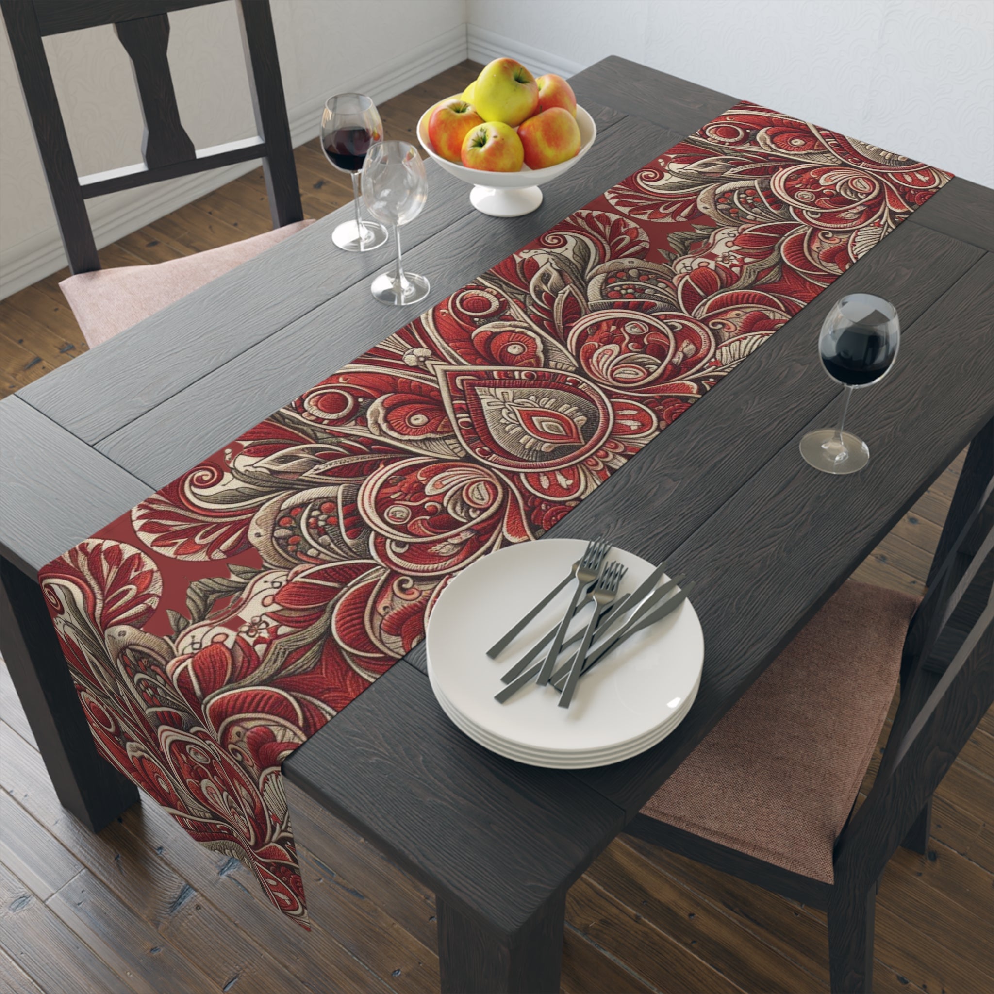Dining table with a red and gold patterned table runner, plates, forks, and glasses.