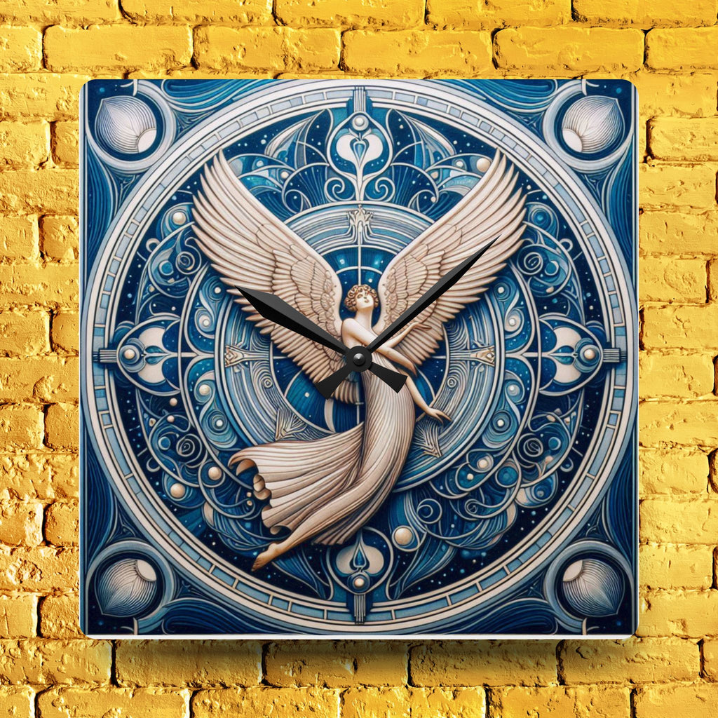 Decorative wall clock with angel design on a yellow brick wall