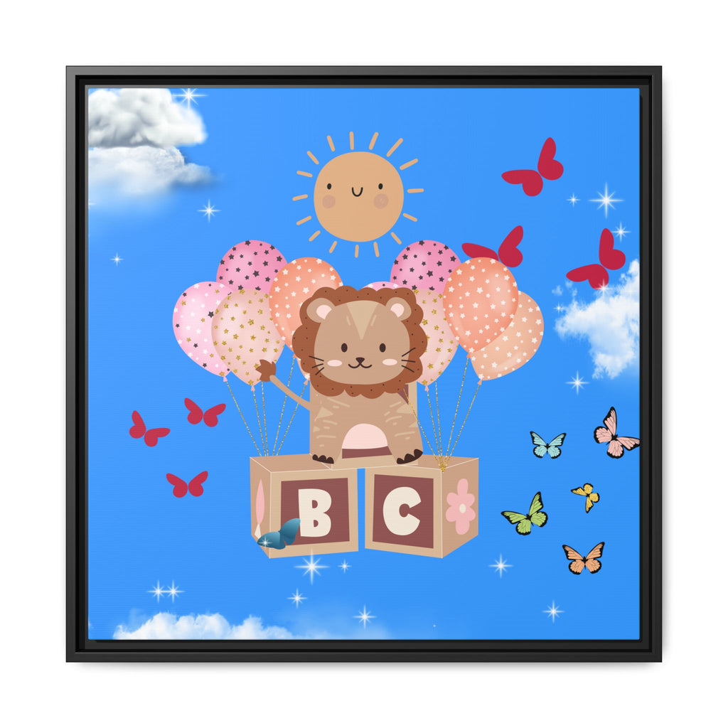 Framed artwork with a lion holding balloons and blocks with letters on a blue sky background.