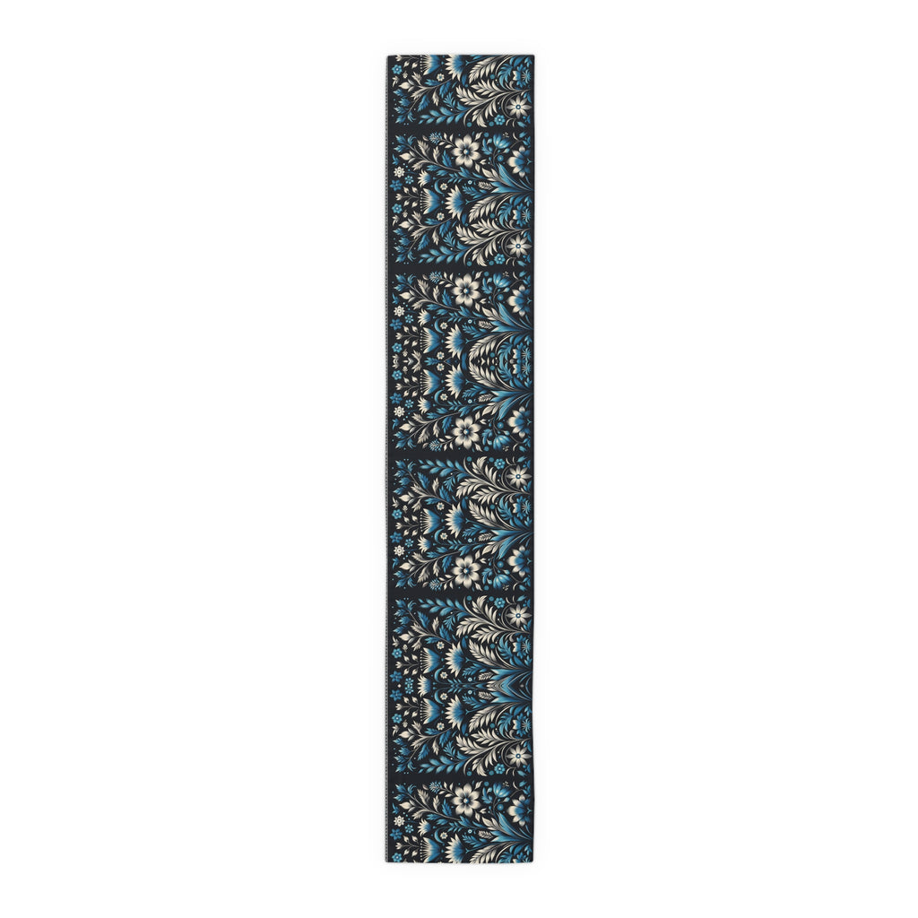 Dark Blue Art Deco Floral Table Runner Decor- Cotton Poly Blend