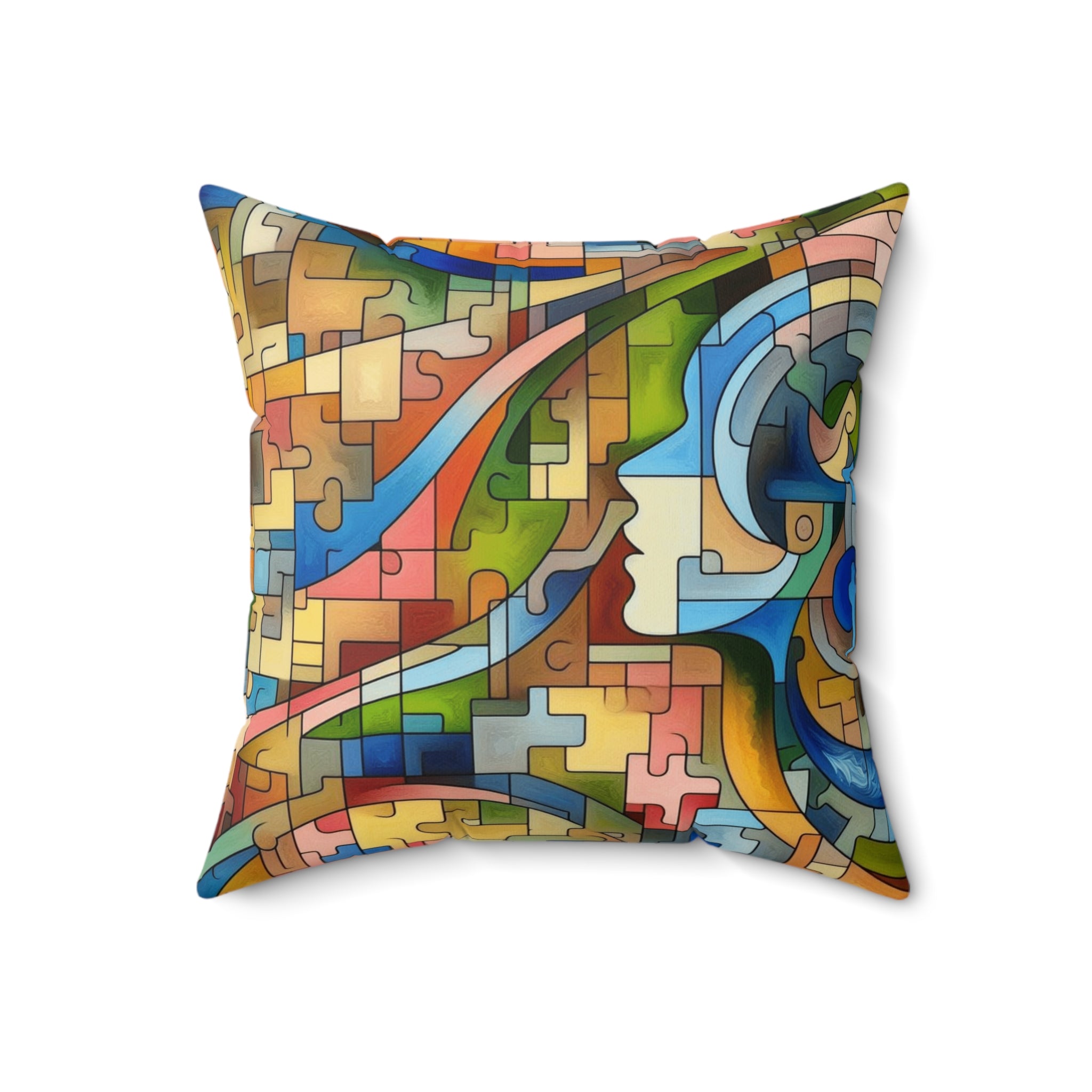 Colorful abstract cushion with puzzle piece design on a white background