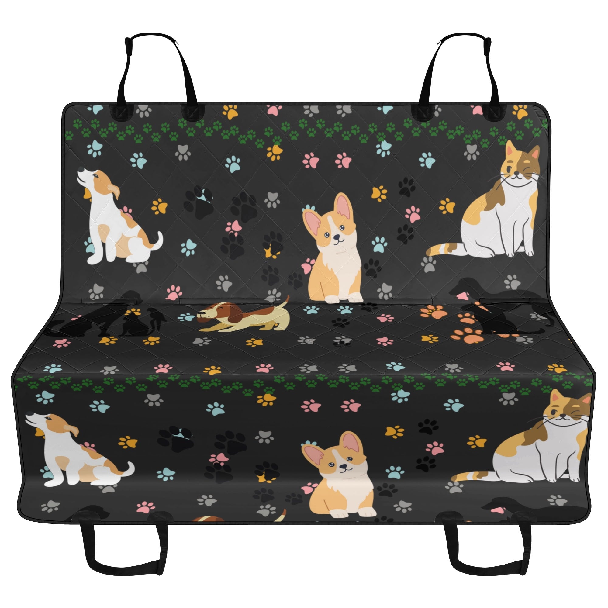 Pet car seat cover with dog and cat illustrations on a black background with paw prints.