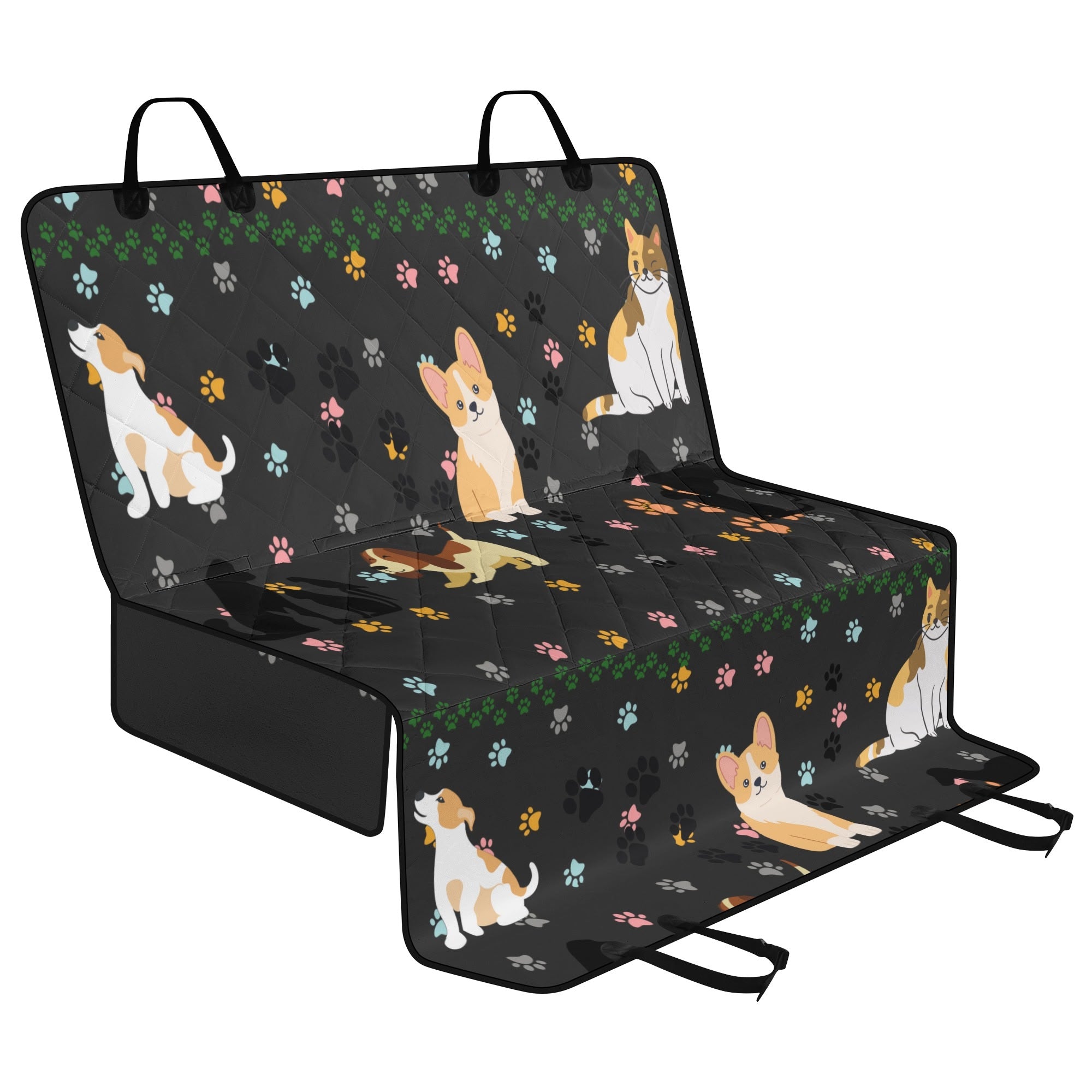 Pet car seat cover with dog illustrations and paw prints on a black background