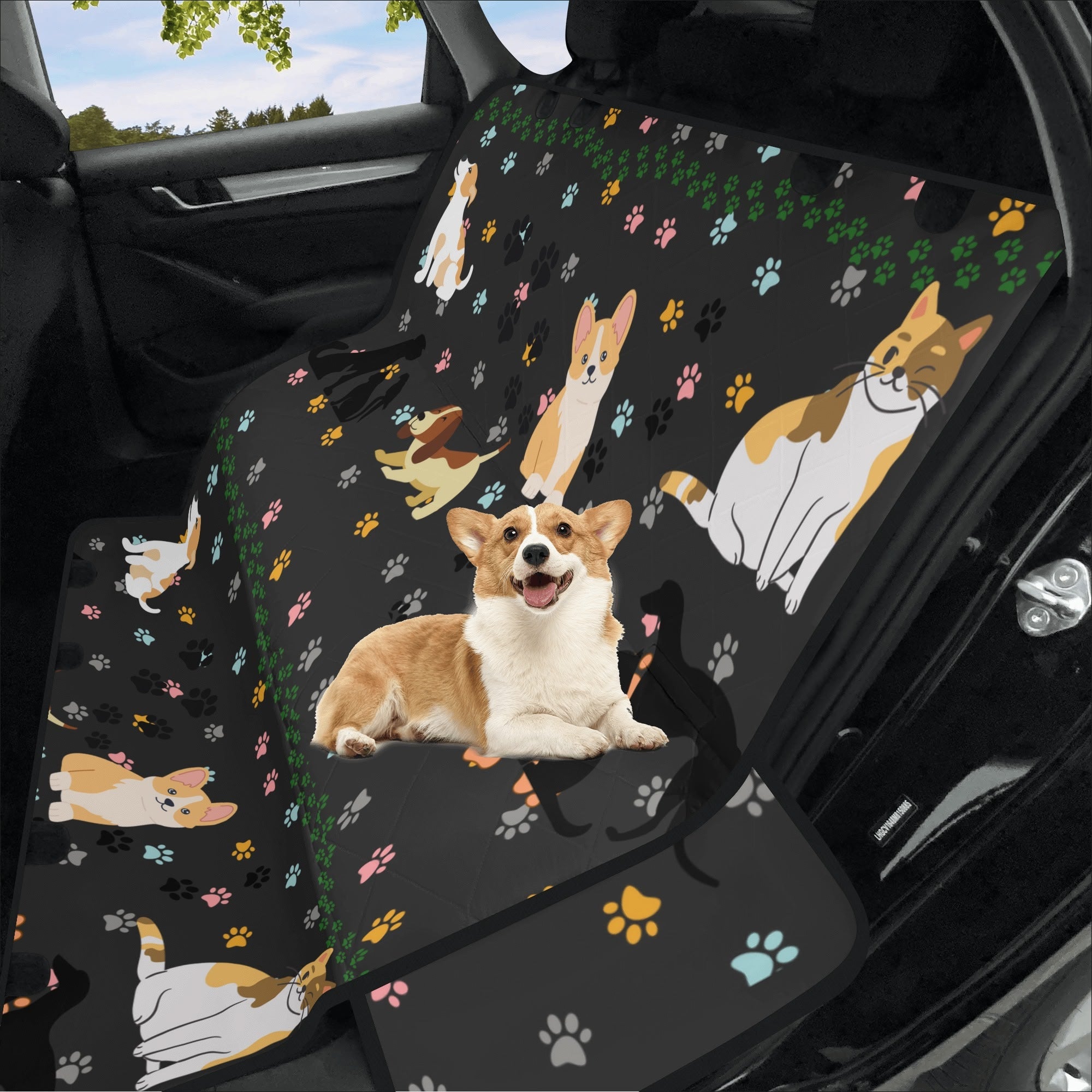 Car seat covers with corgi designs on a black background