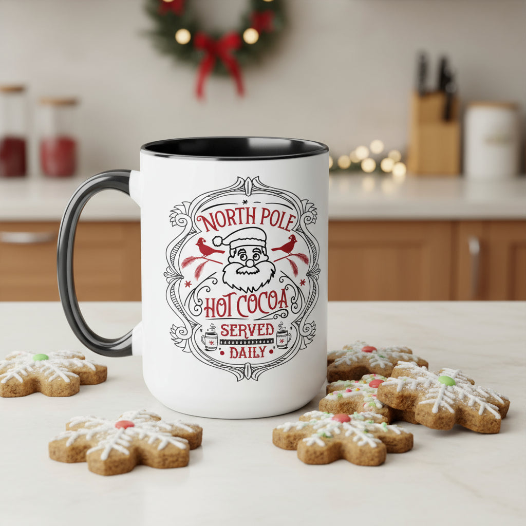 White mug with 'North Pole Hot Cocoa Served Daily' design in a kitchen setting with cookies.