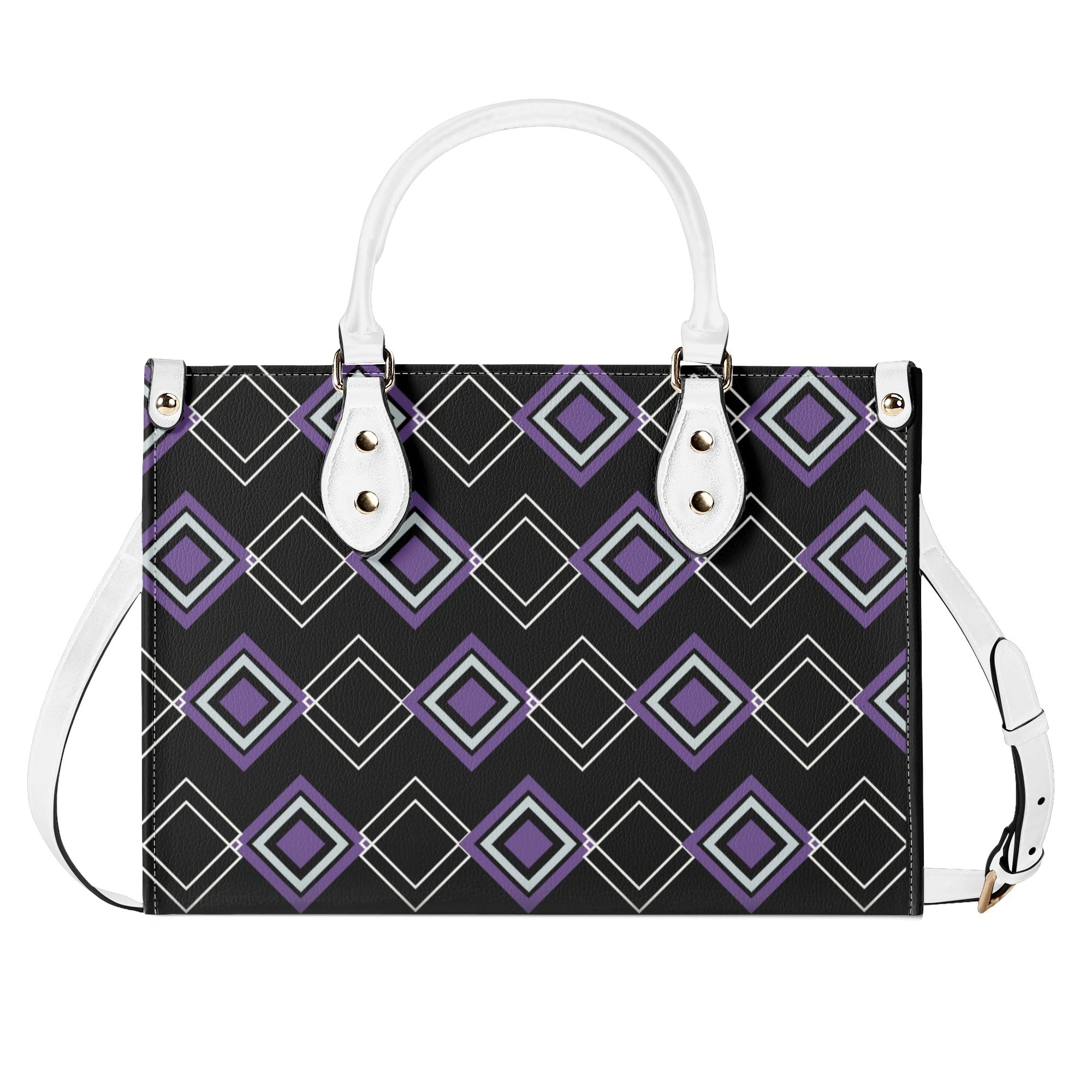 Handbag with geometric pattern and white handles on a white background