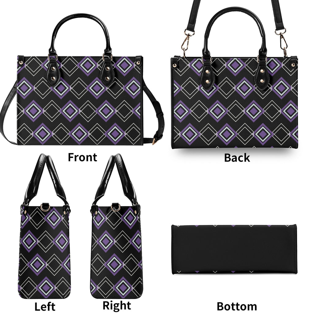 Black and purple patterned handbag shown from front, back, left, right, and bottom angles.