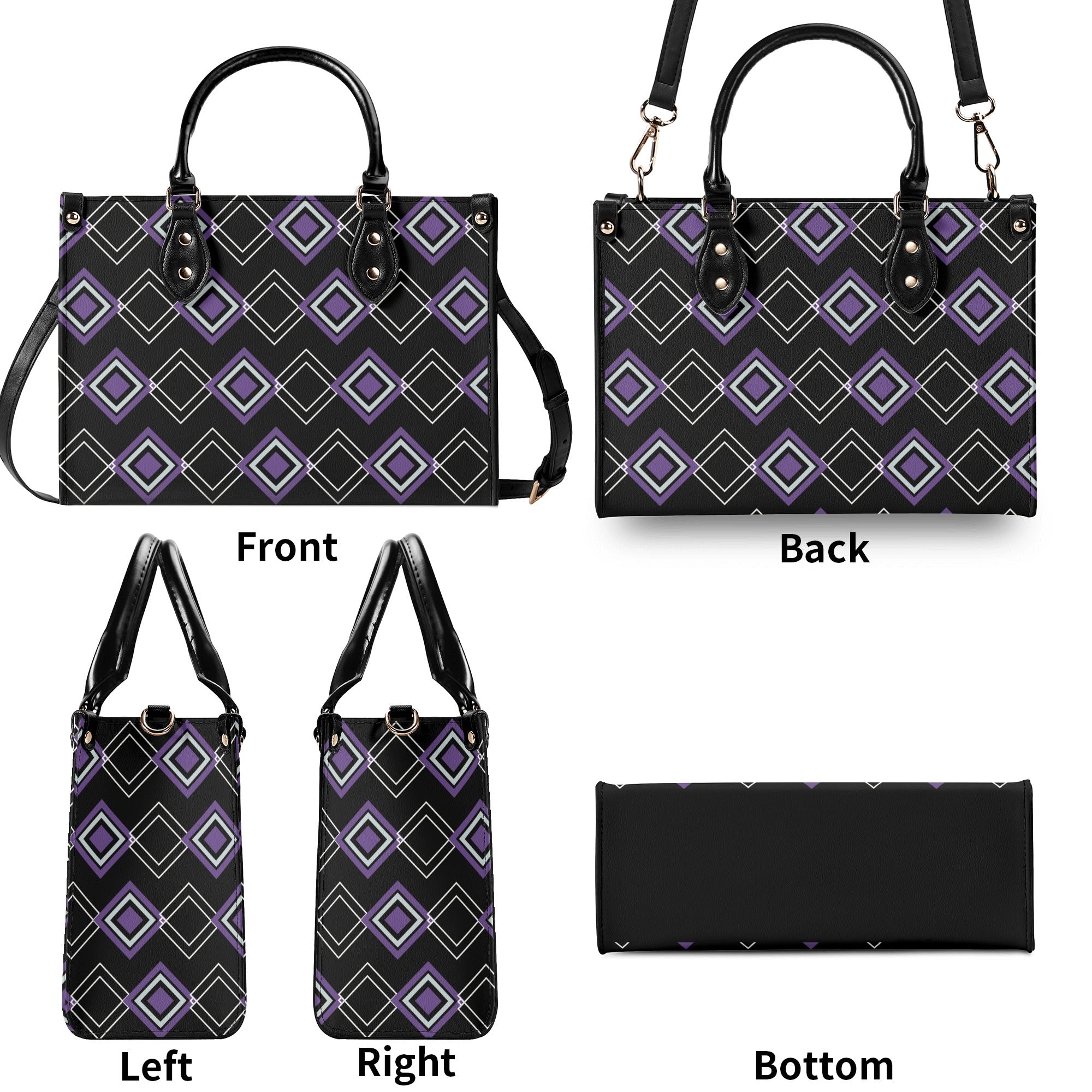 Black and purple patterned handbag shown from front, back, left, right, and bottom angles.
