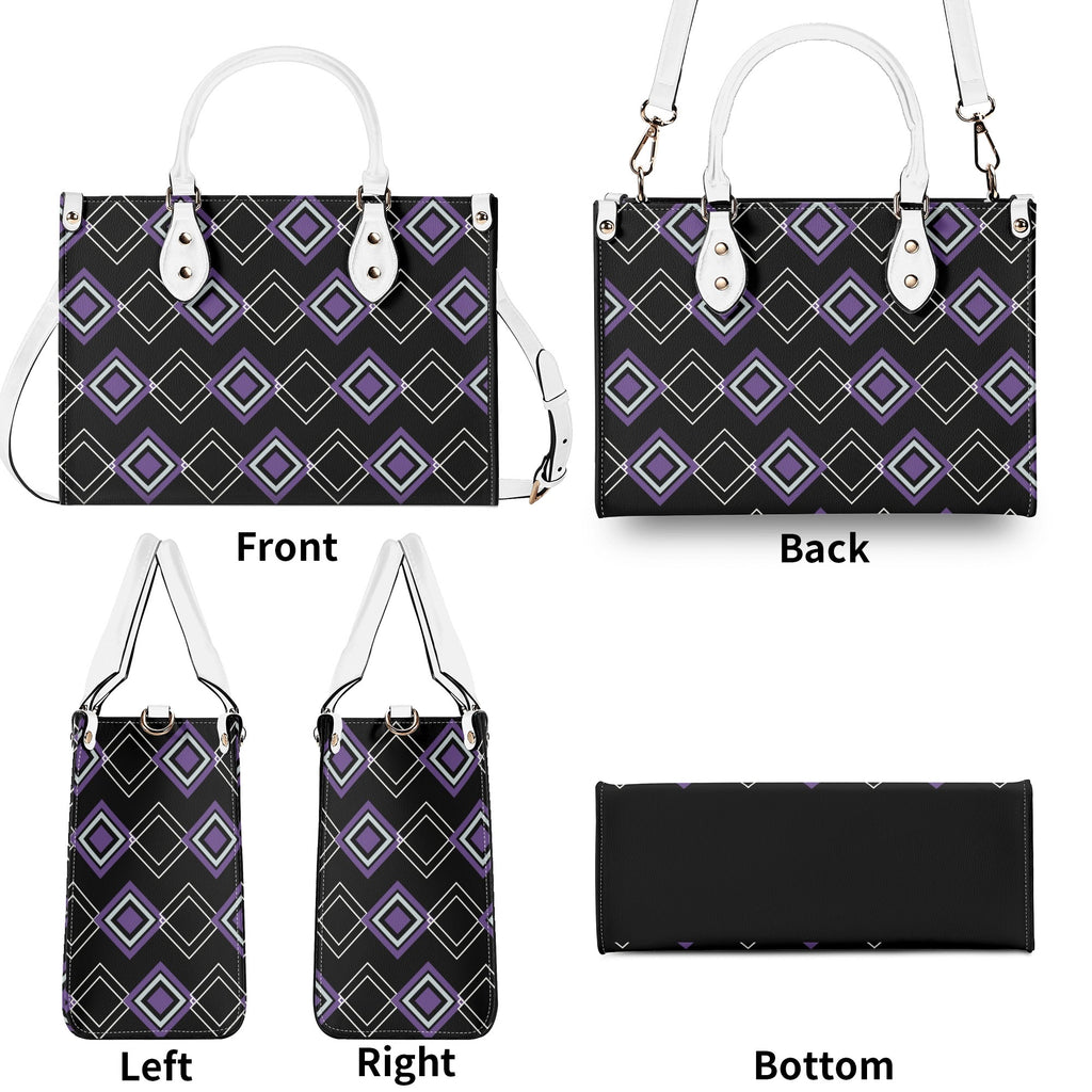Multifunctional bag with geometric pattern on front, back, left, right, and bottom views.