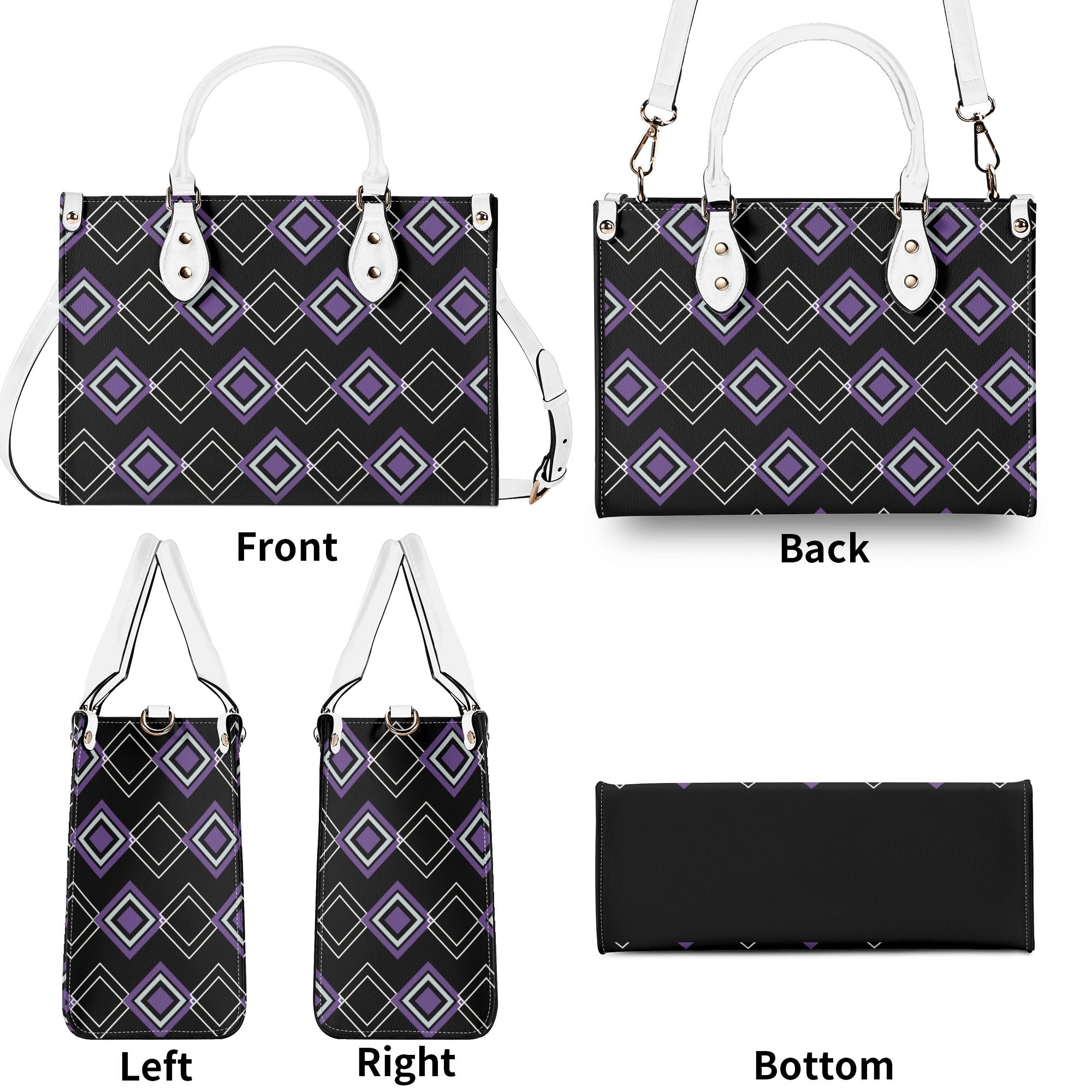 Multifunctional bag with geometric pattern on front, back, left, right, and bottom views.