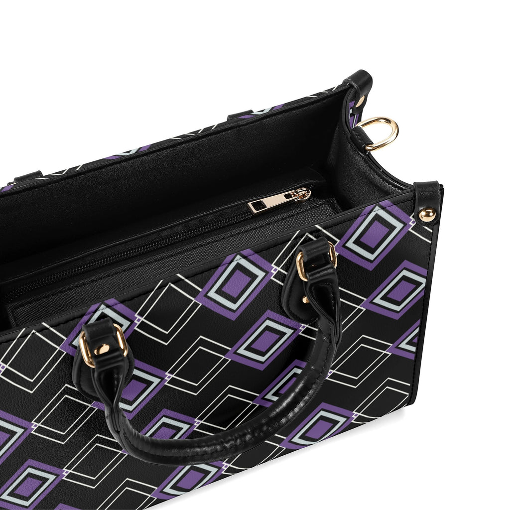 Black handbag with geometric purple and white pattern on a white background