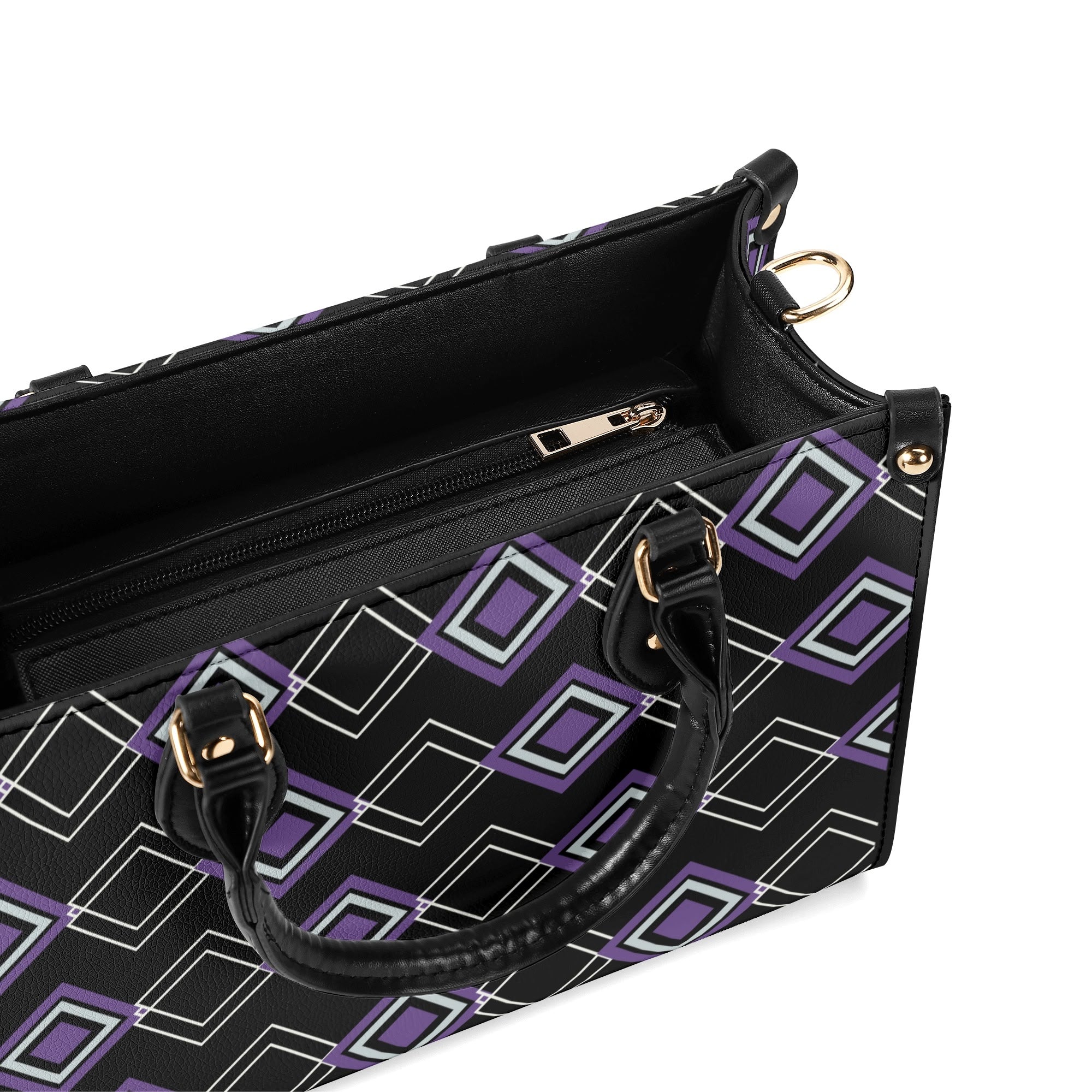 Black handbag with geometric purple and white pattern on a white background