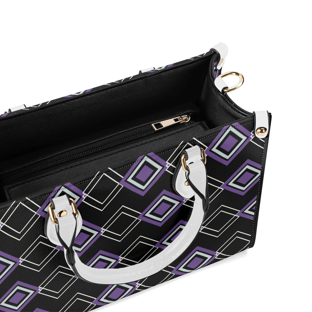 Black handbag with geometric purple and white pattern on a white background