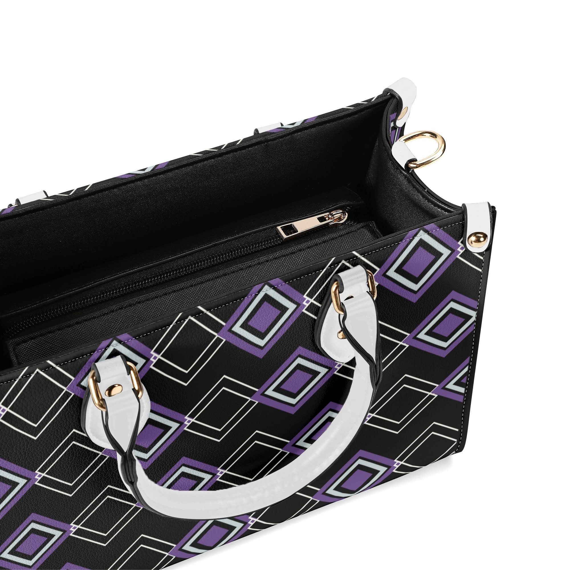 Black handbag with geometric purple and white pattern on a white background