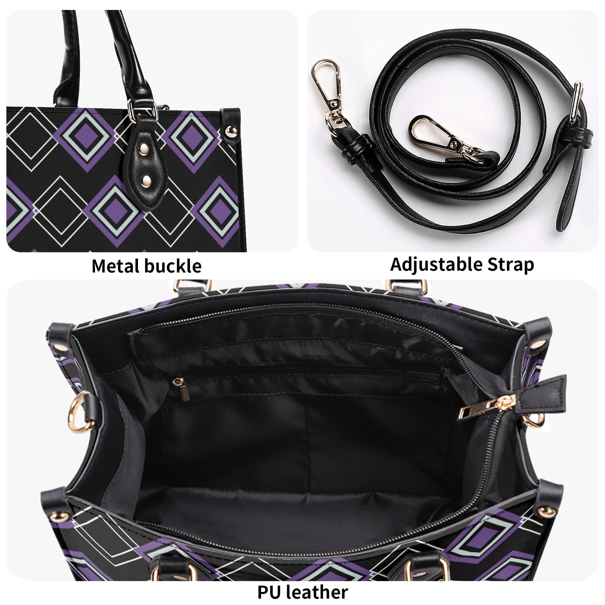 Black and purple handbag with metal buckle, adjustable strap, and PU leather interior.