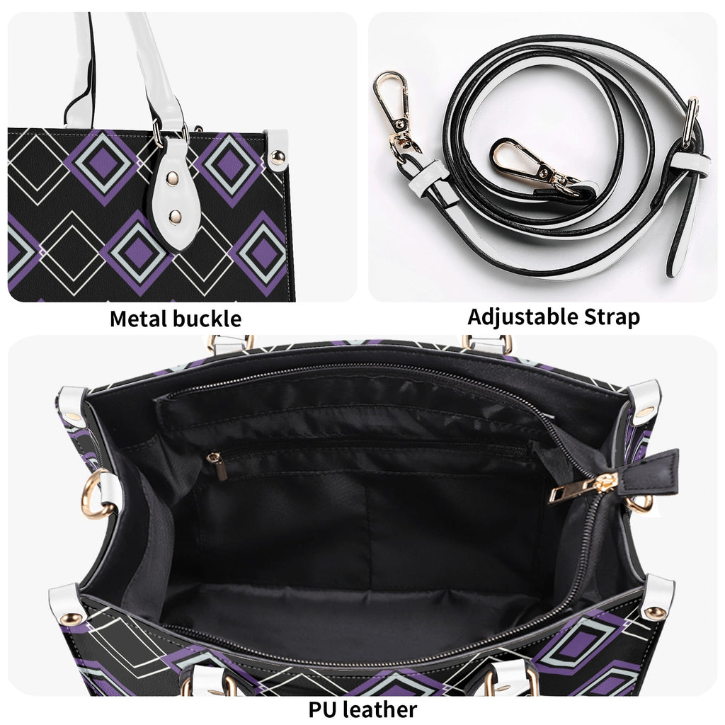 Handbag with metal buckle, adjustable strap, and PU leather interior on a white background