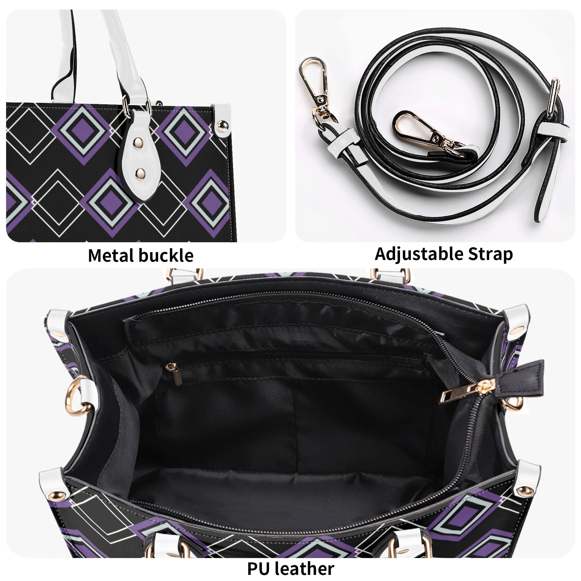 Handbag with metal buckle, adjustable strap, and PU leather interior on a white background