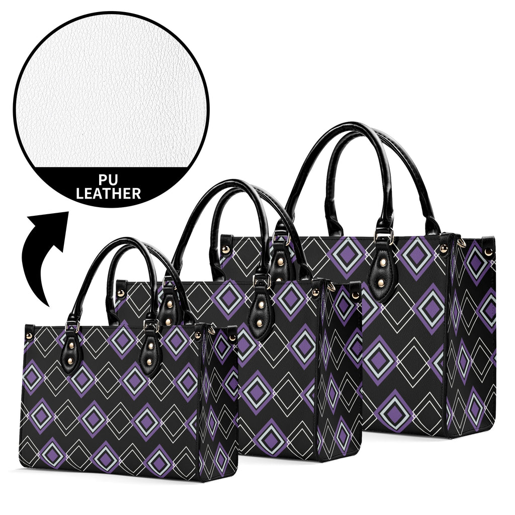 Set of three purple and black patterned handbags with a close-up of PU leather label.