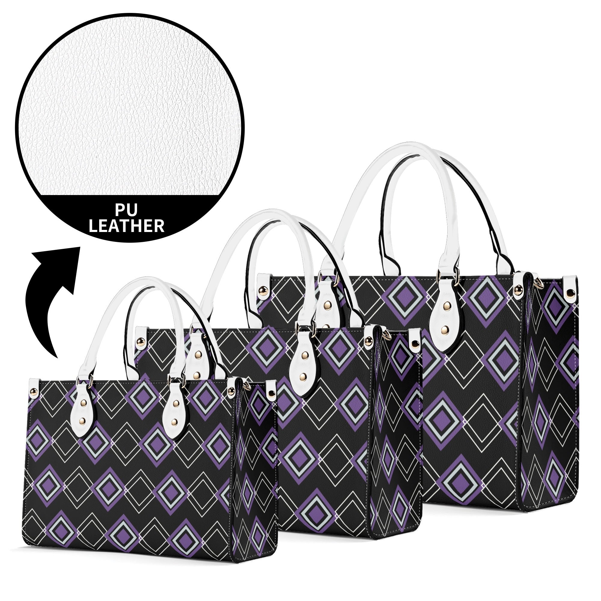 Set of three purple and black patterned handbags with white handles on a white background.