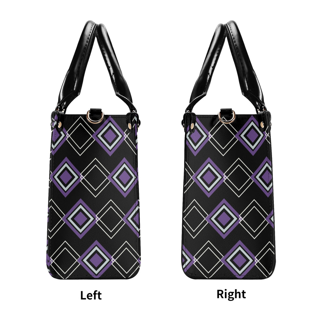 Two views of a handbag with a geometric pattern on a white background