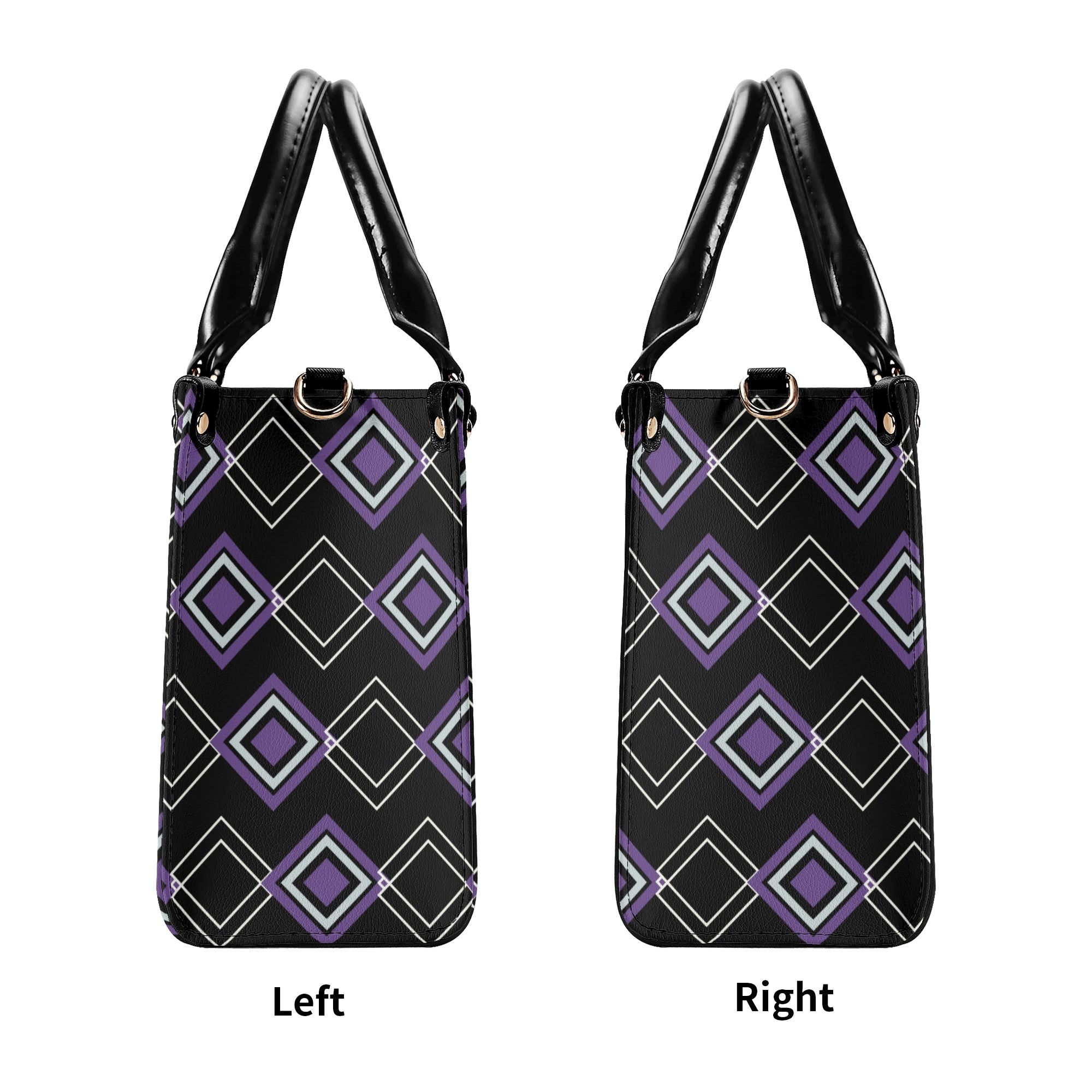 Two views of a handbag with a geometric pattern on a white background