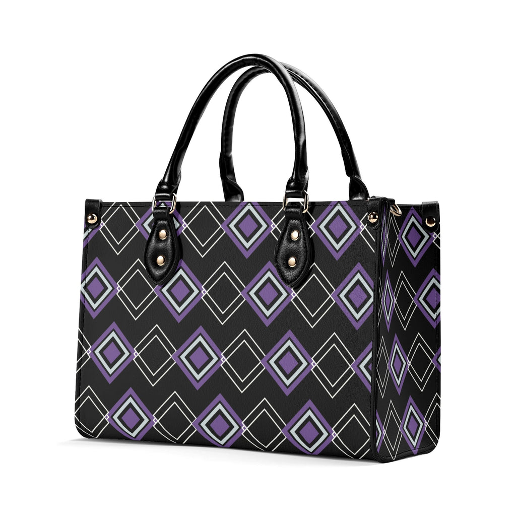 Handbag with purple geometric pattern on a white background
