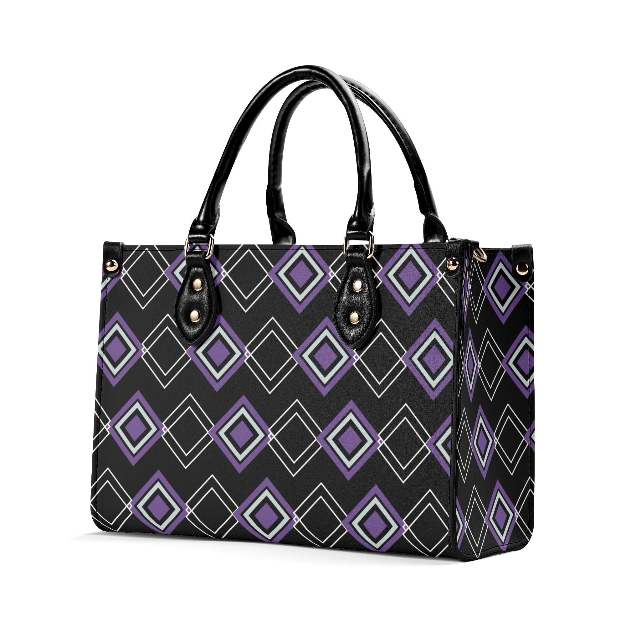 Handbag with purple geometric pattern on a white background