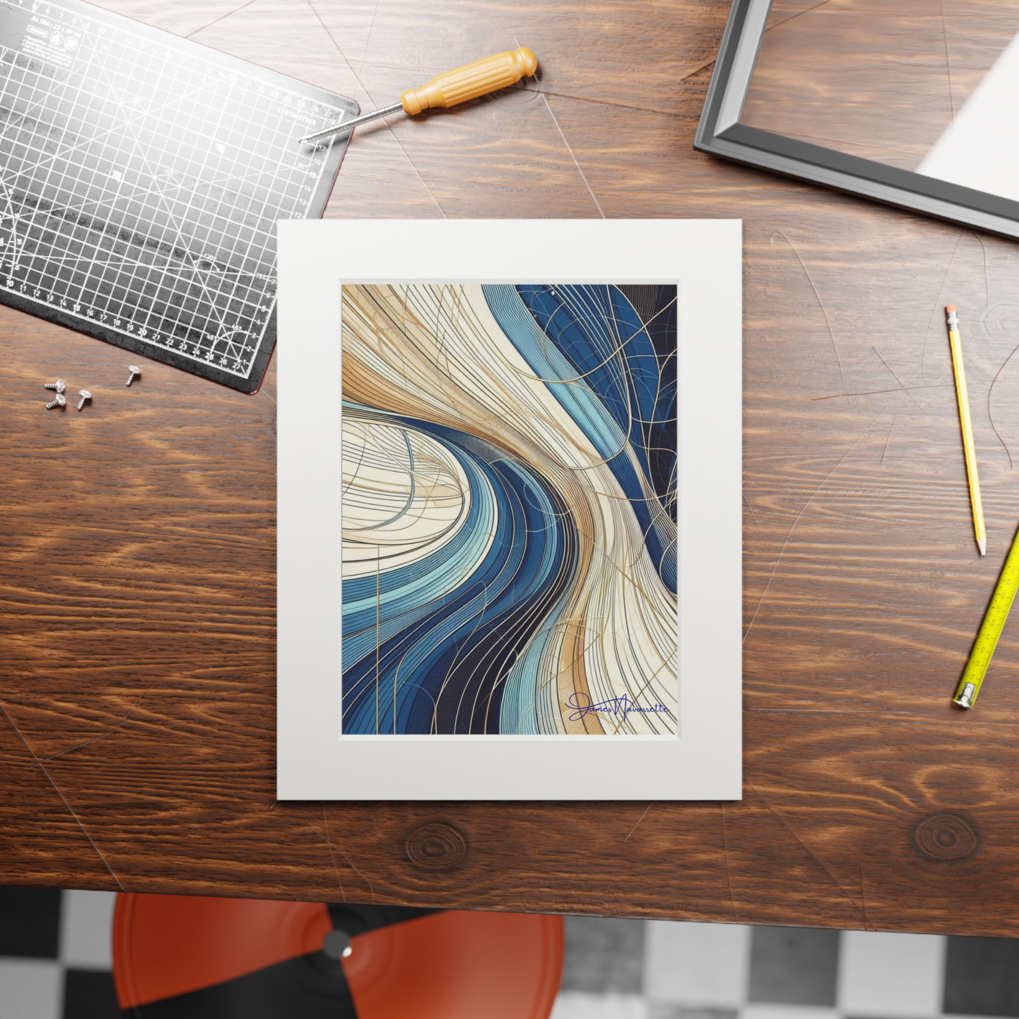 Fine Art Prints- Abstract Waterfall in cobalt, cream and white in Passepartout Paper Frame