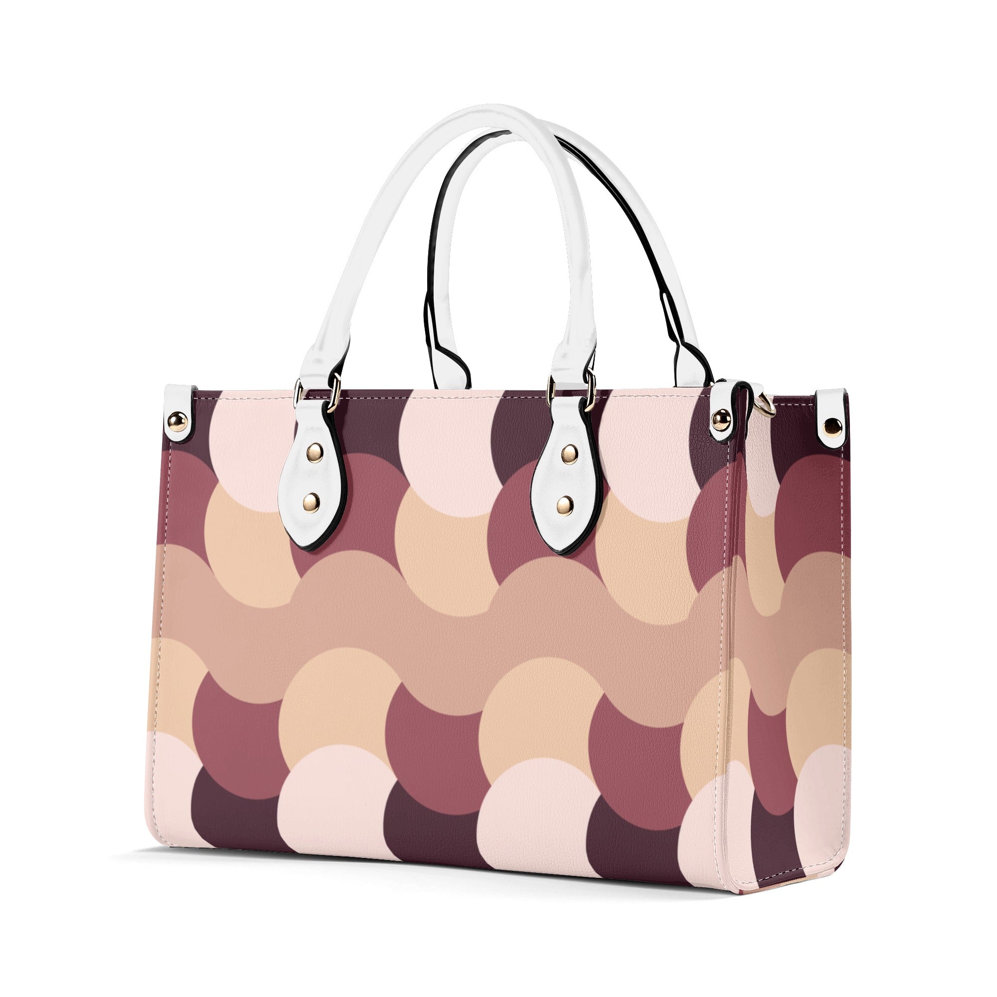 Handbag with a pattern of circular shapes on a white background