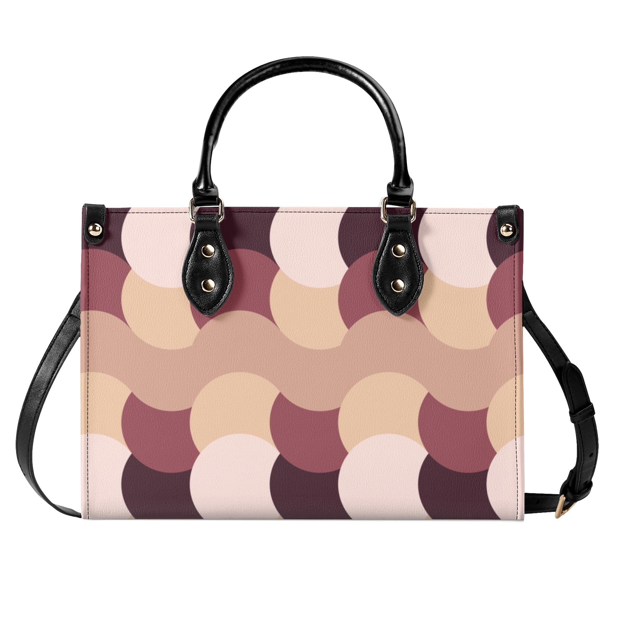 Handbag with circular pattern and black handles on a white background