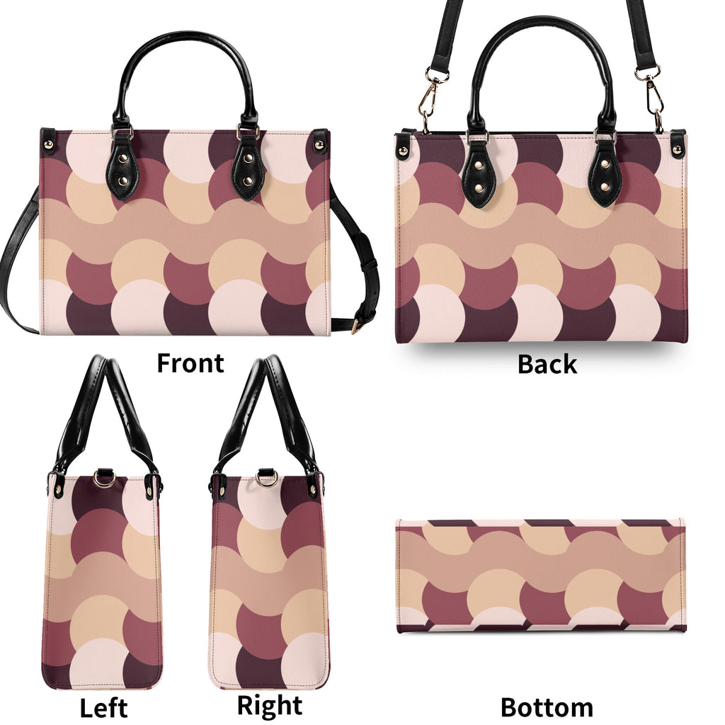 Patterned handbag shown from front, back, left, right, and bottom angles on a white background.