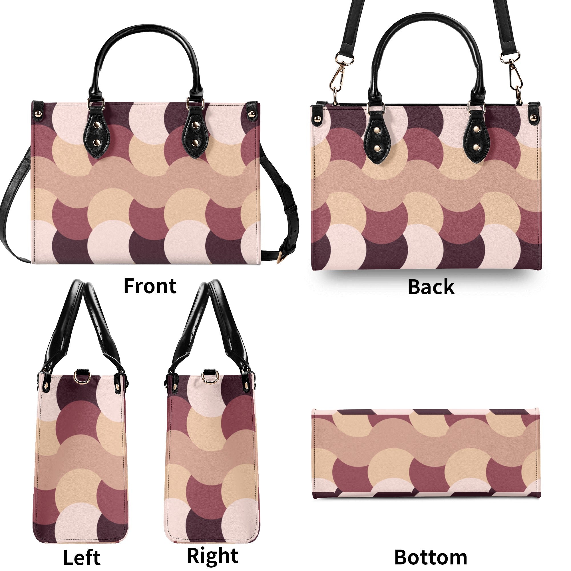 Patterned handbag shown from front, back, left, right, and bottom angles on a white background.