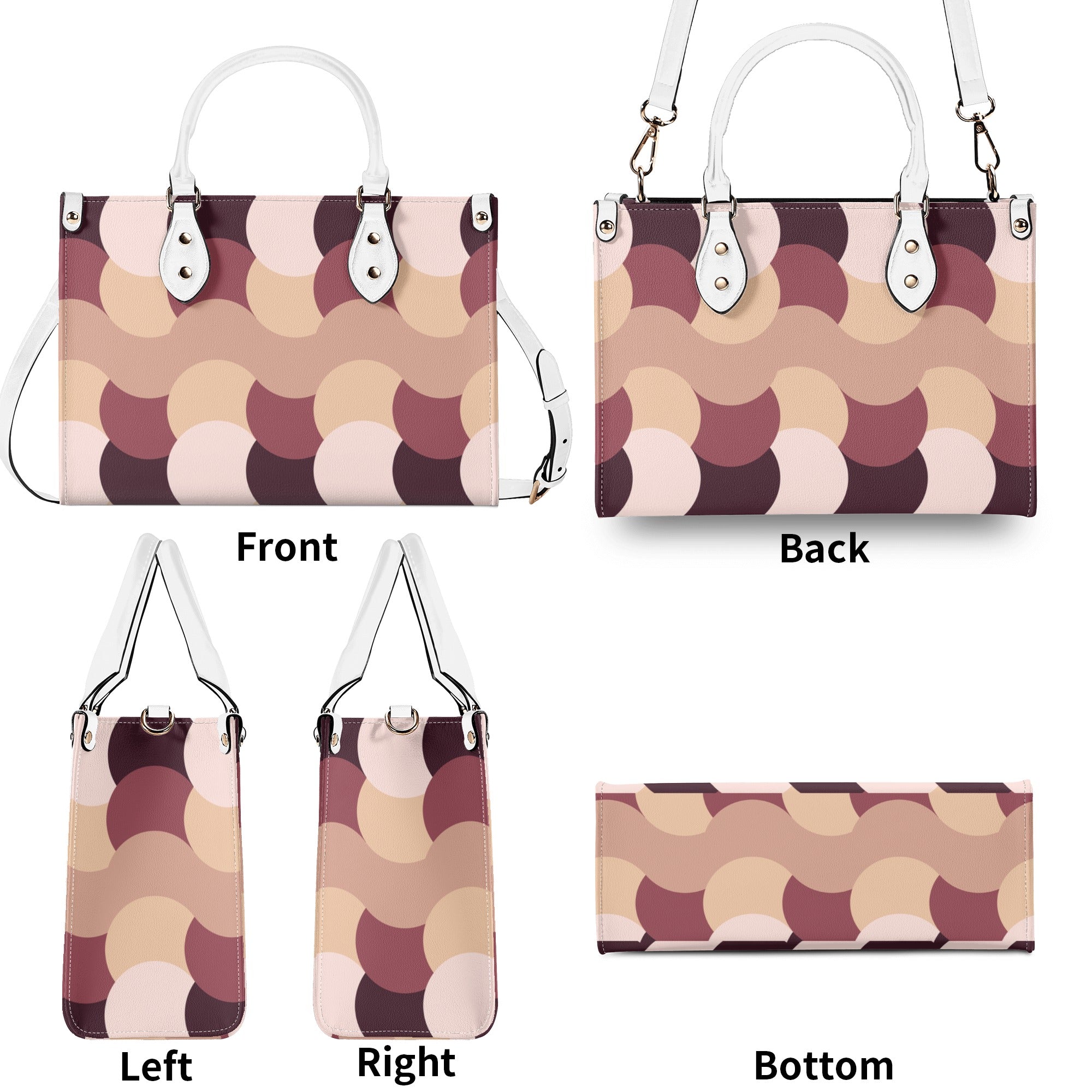 Patterned handbag shown from front, back, left, right, and bottom angles on a white background.