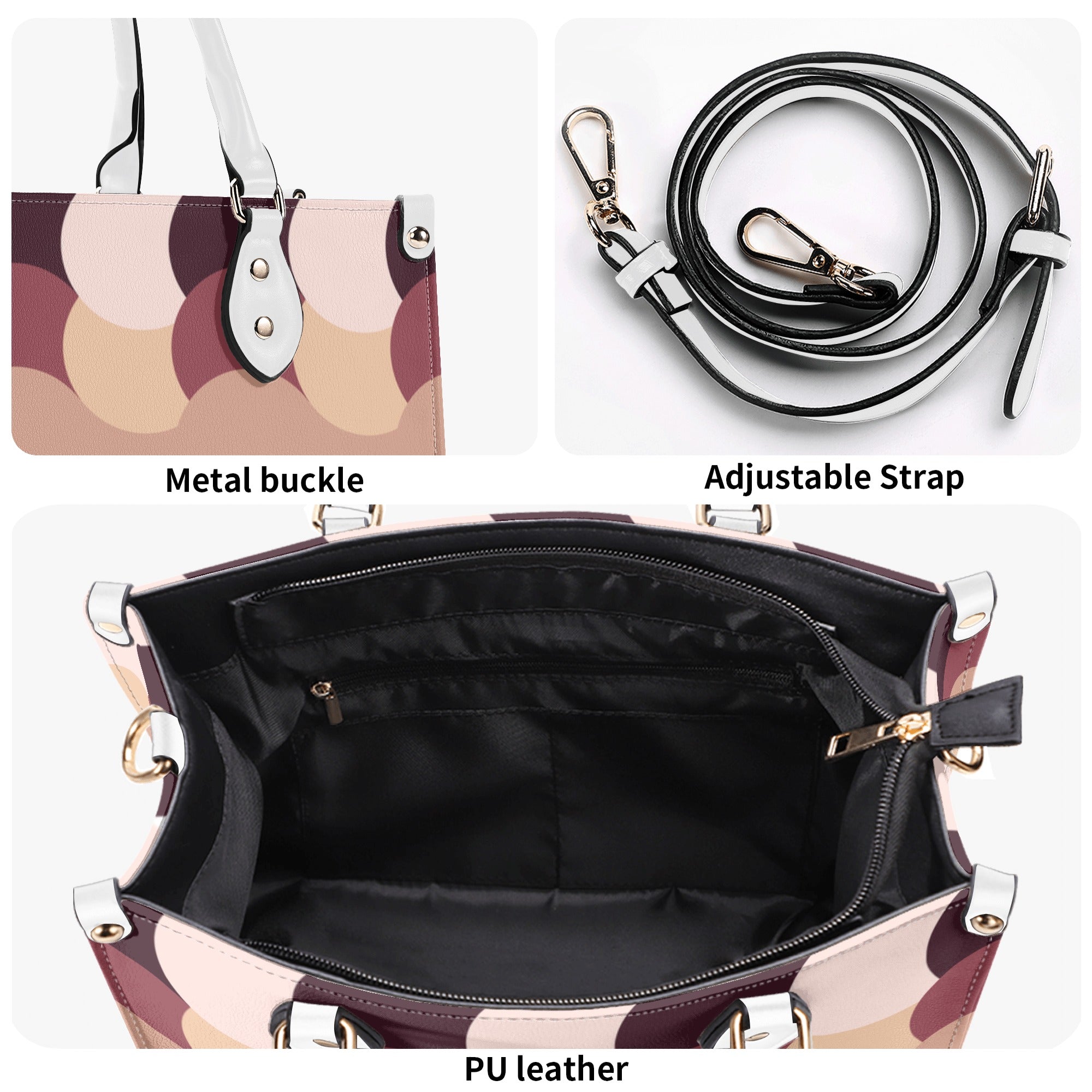 Handbag with metal buckle, adjustable strap, and PU leather interior on a white background
