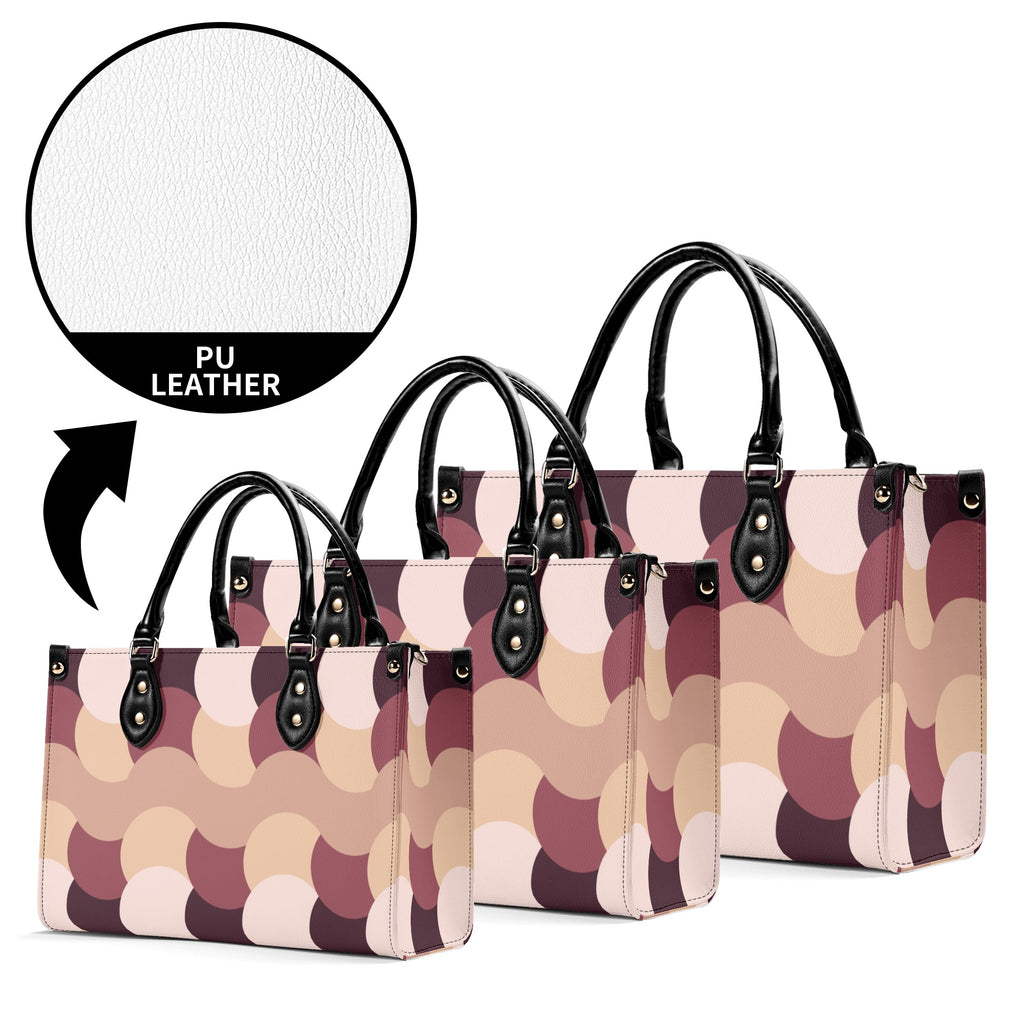Patterned handbags with black handles on a white background, featuring a label indicating PU leather.