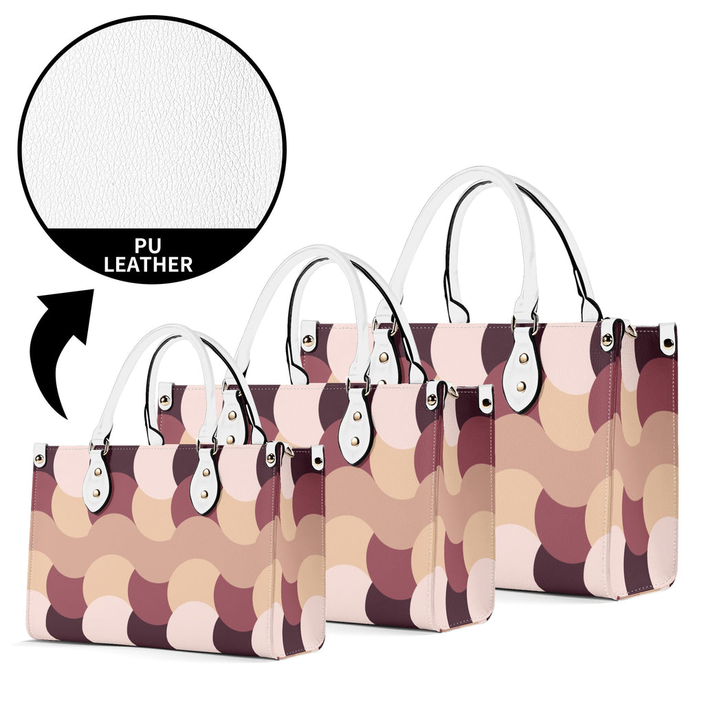 Set of three handbags with a patterned design on a white background, featuring PU leather text.