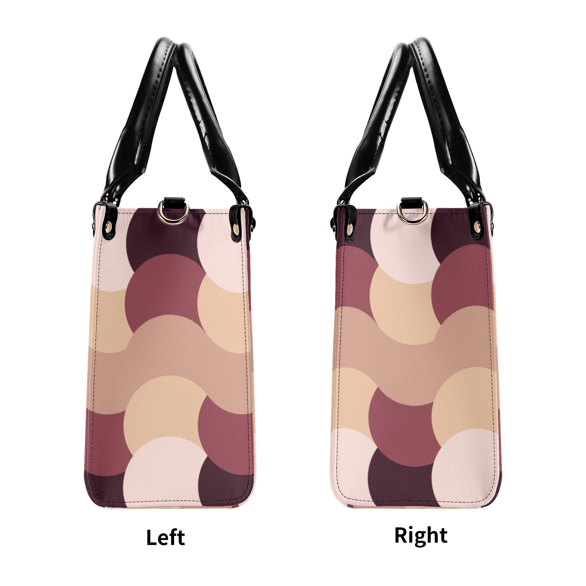 Two identical handbags with a pattern of circular shapes in purple, beige, and pink on a white background.