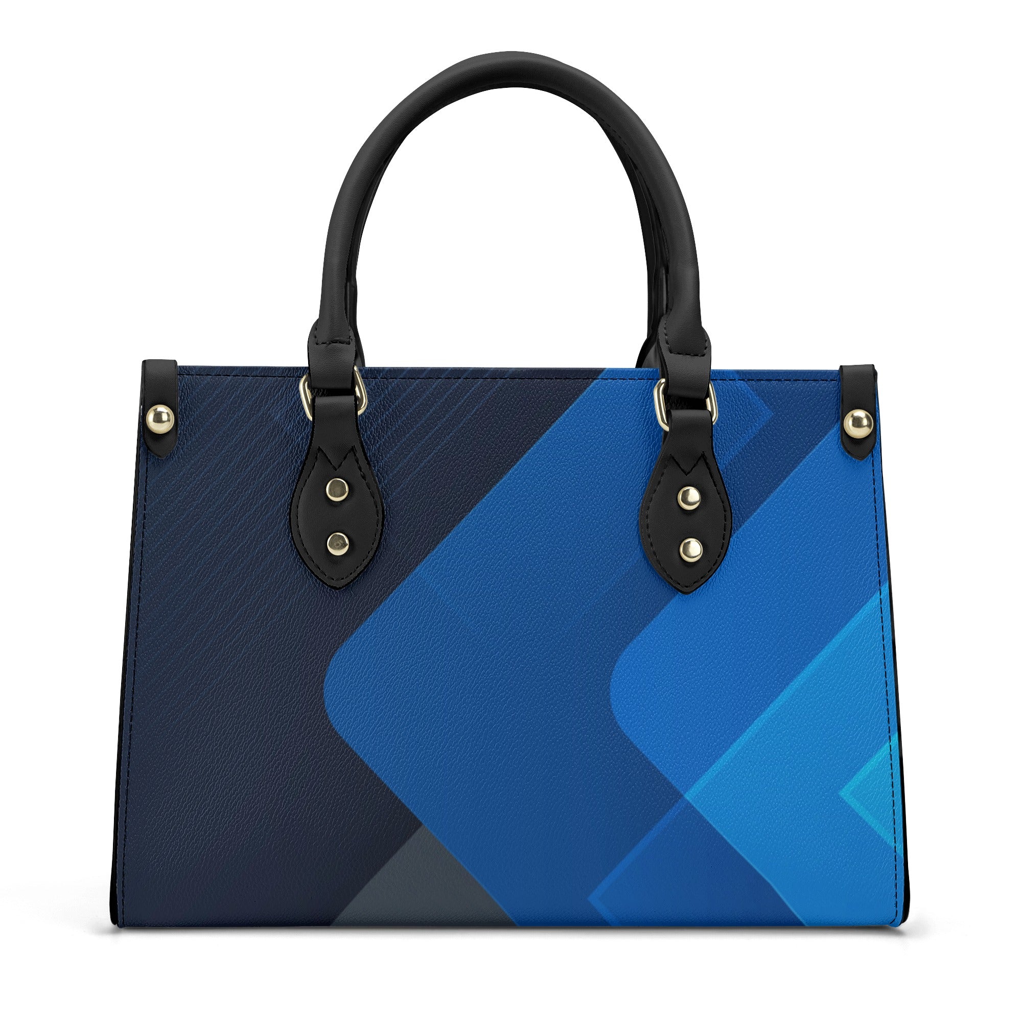 Blue and black handbag with geometric design on a white background