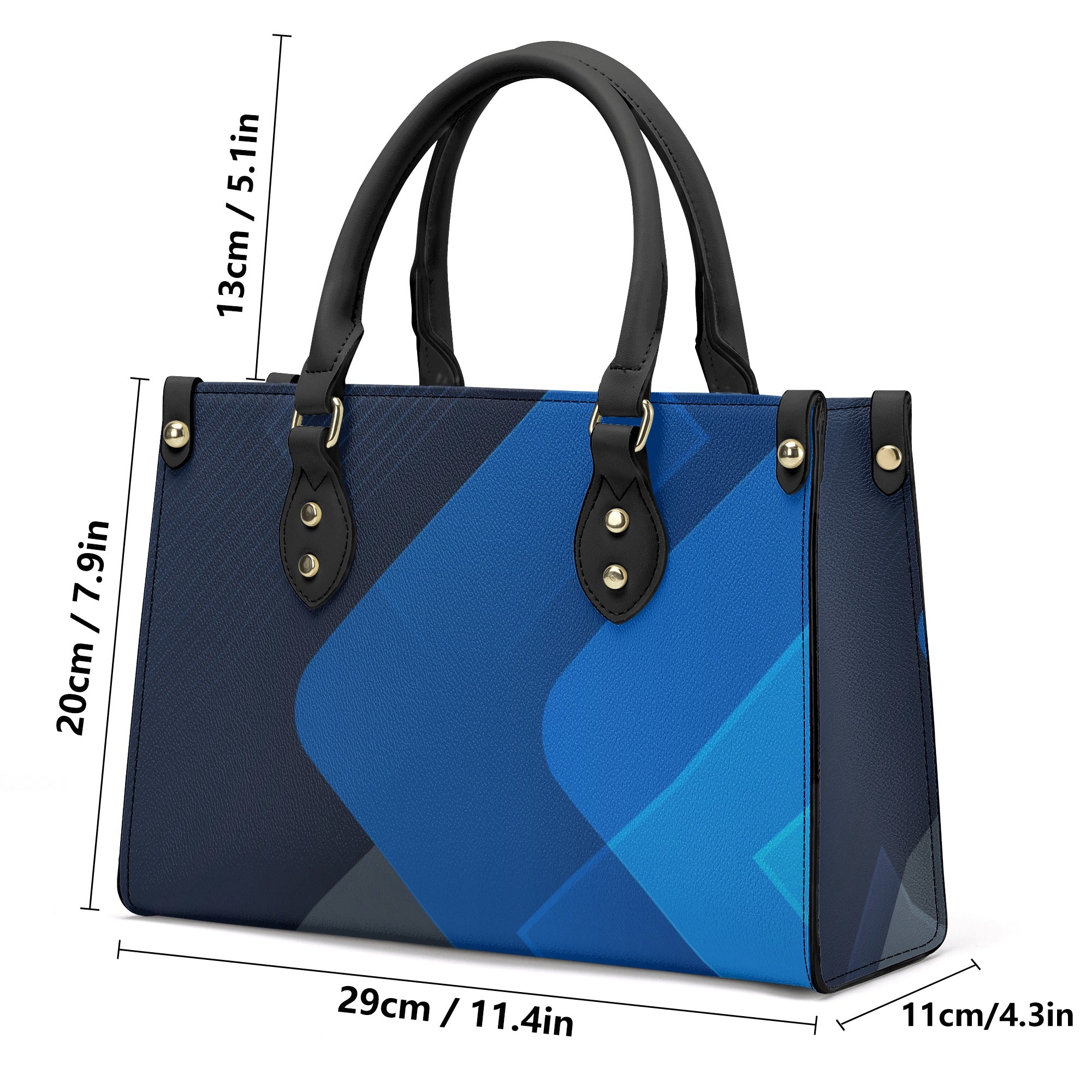Blue handbag with black handles and geometric design, shown with measurements on a white background.