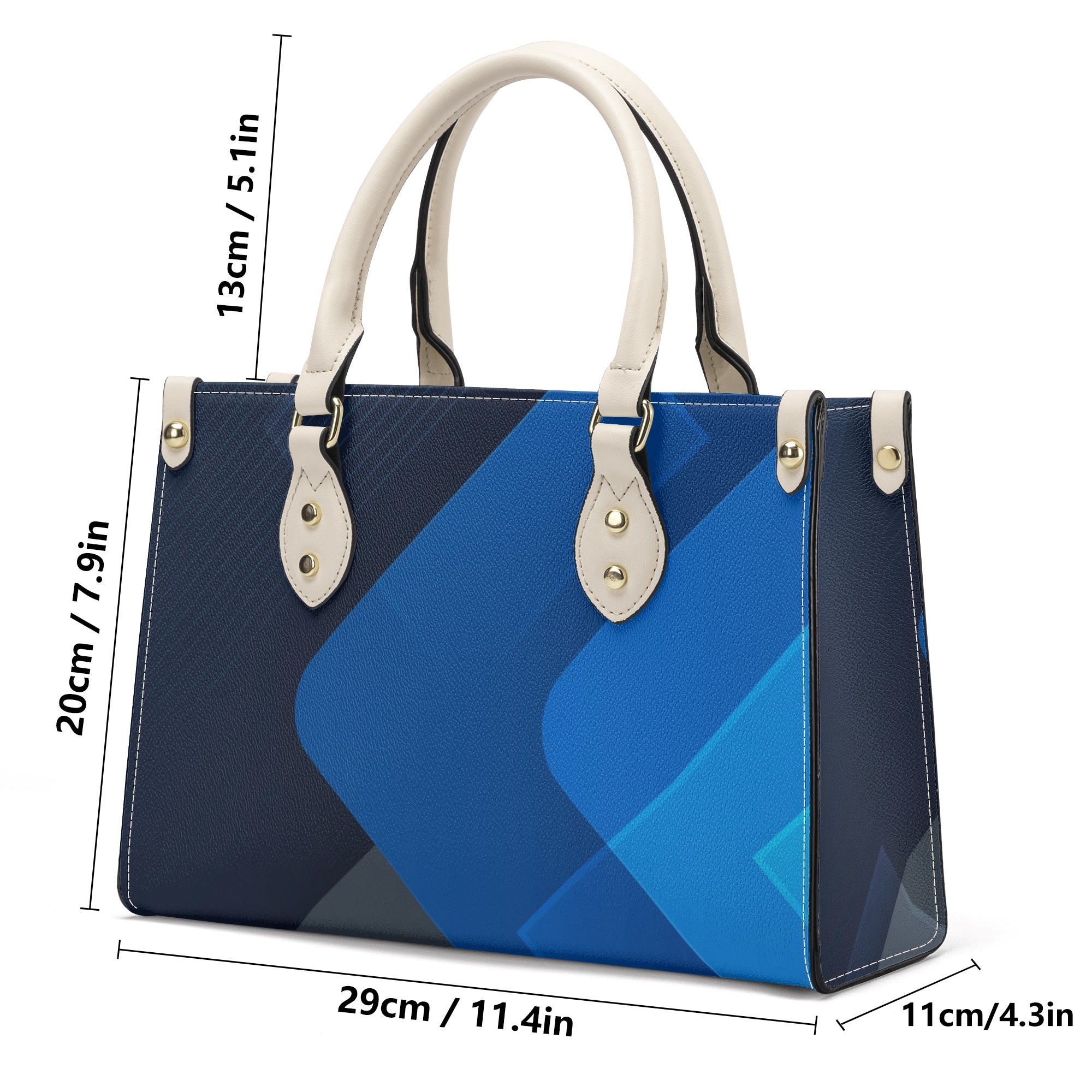 Blue handbag with geometric pattern and measurements on a white background