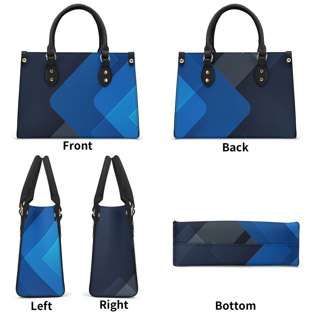 Blue geometric patterned handbag shown from front, back, left, right, and bottom angles on a white background.