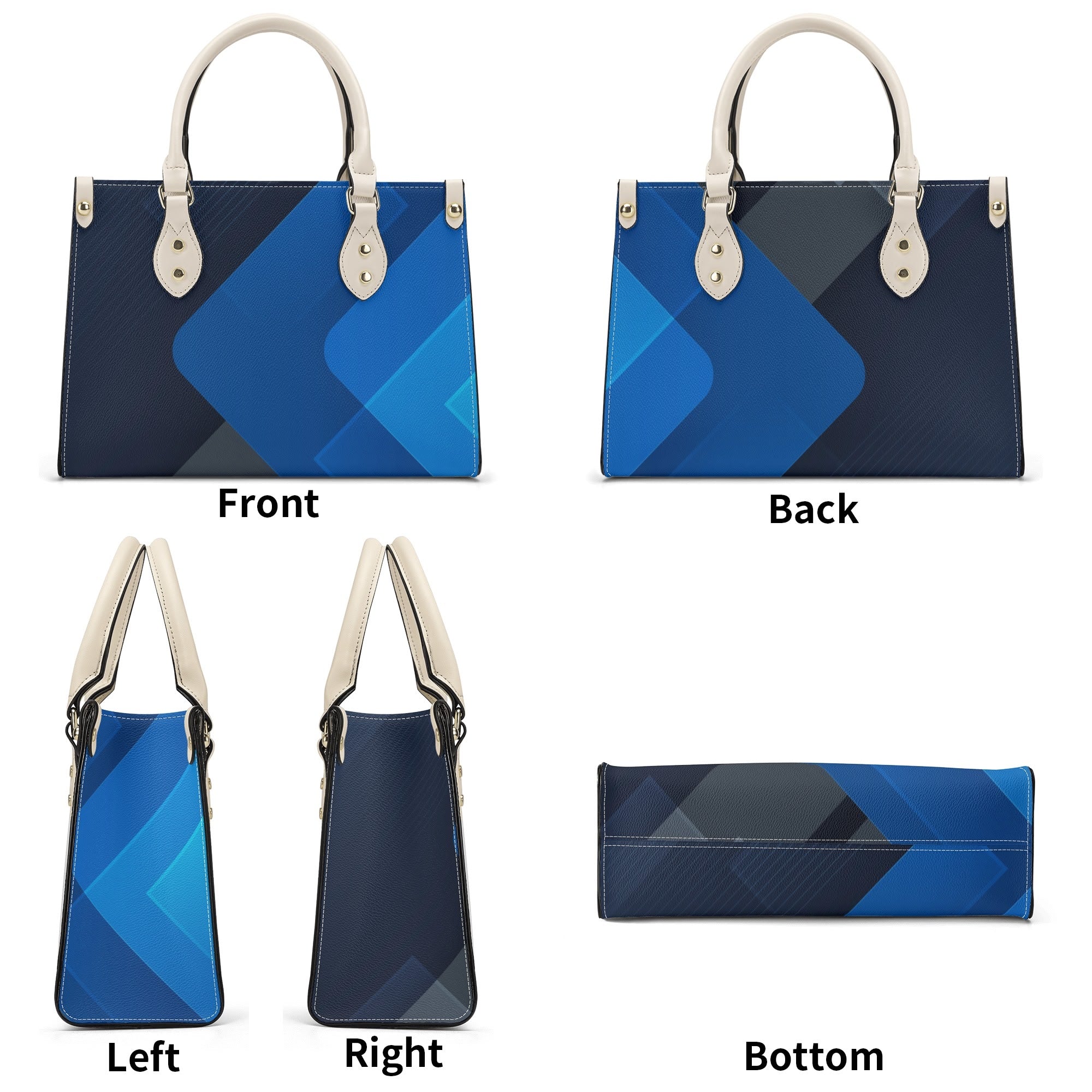 Blue geometric patterned handbag shown from front, back, left, right, and bottom angles on a white background.
